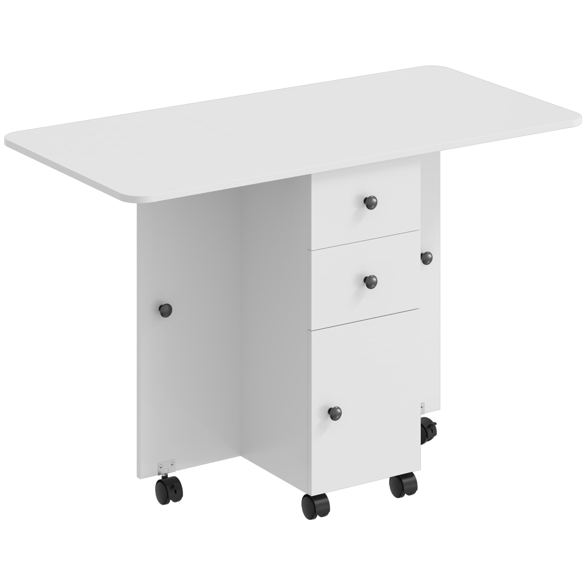 HOMCOM Table à manger pliante, table de cuisine mobile avec tiroirs et armoire, Blanc