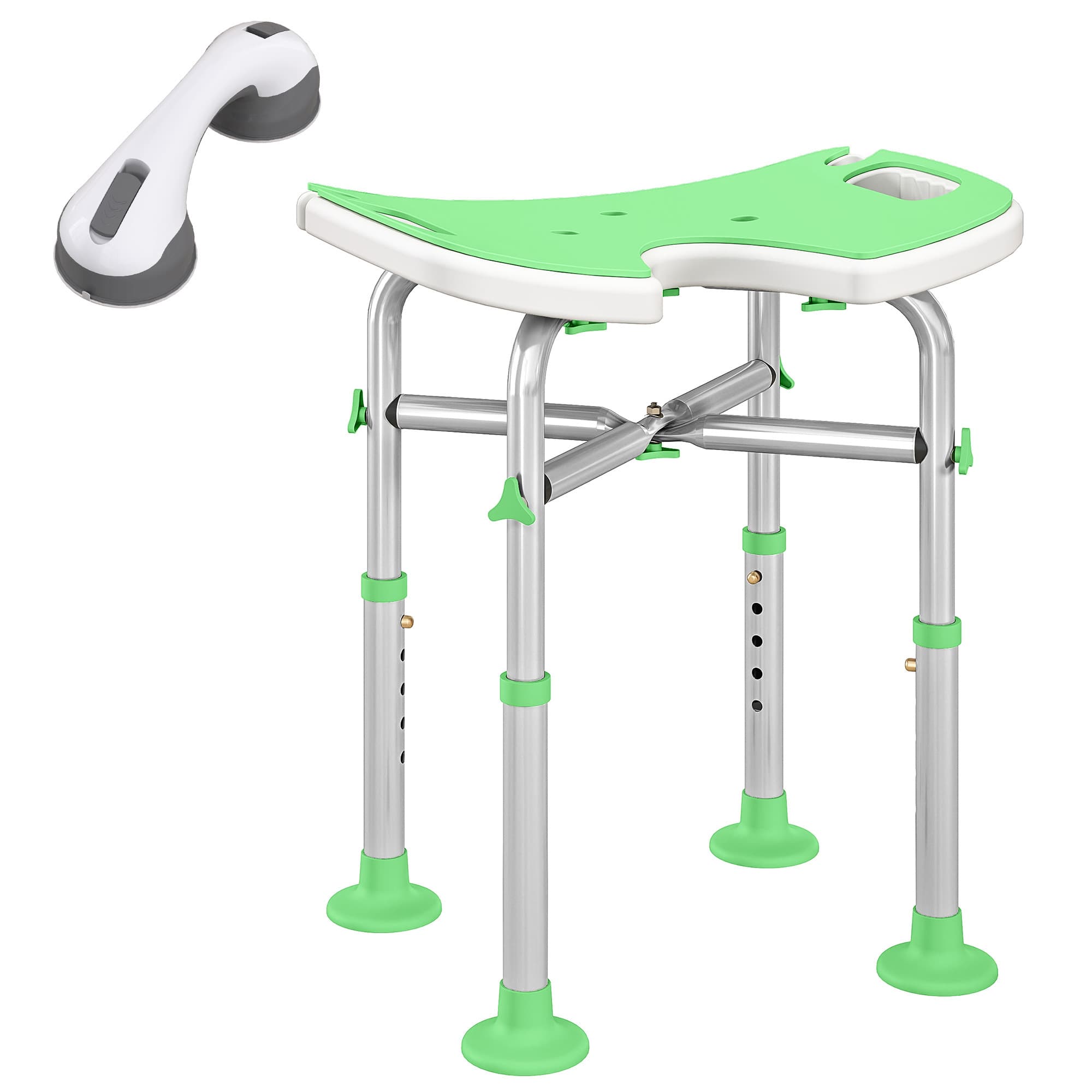 HOMCOM Tabouret de Douche, Hauteur Ajustable 39-51,5 cm, Barre d'Appui à Ventouse, Patins à Ventouse, Vert