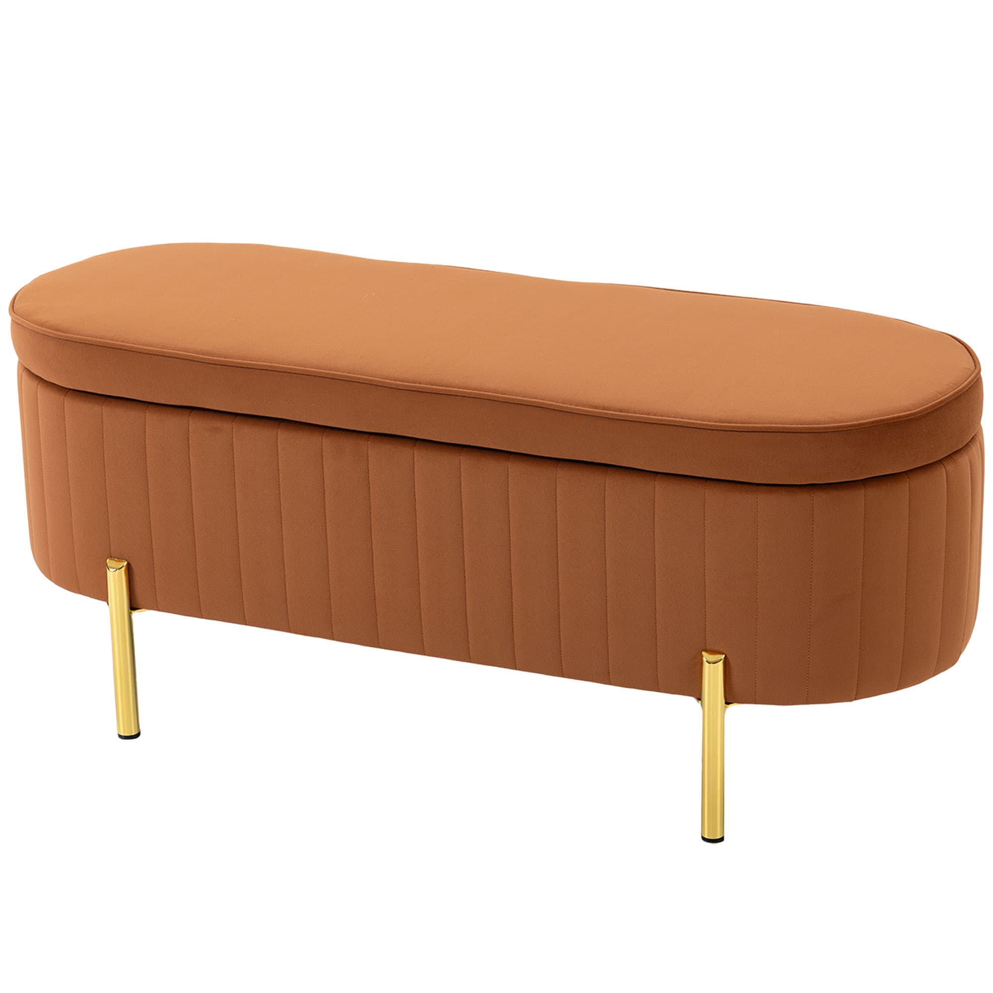 HOMCOM Banquette Coffre Ovale 72L avec Couvercle Relevable, en Tissu Velours et Bois, 108x44x43.5 cm, Marron Doré
