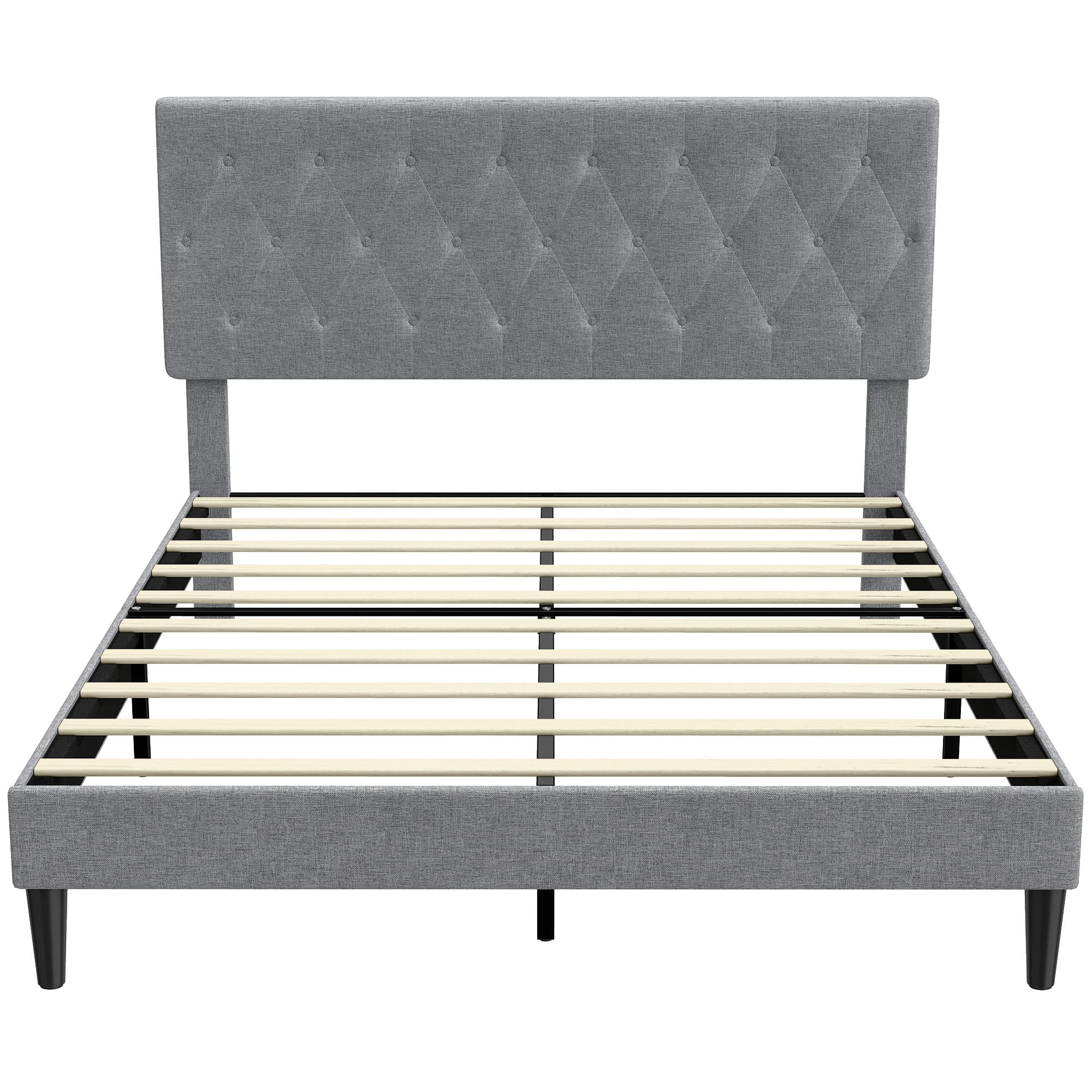 HOMCOM Cadre de Lit 140 x 190 cm avec Sommier, Lit Double Rembourré en Lin, Tête Capitonnée, Support à 10 Lattes, Gris