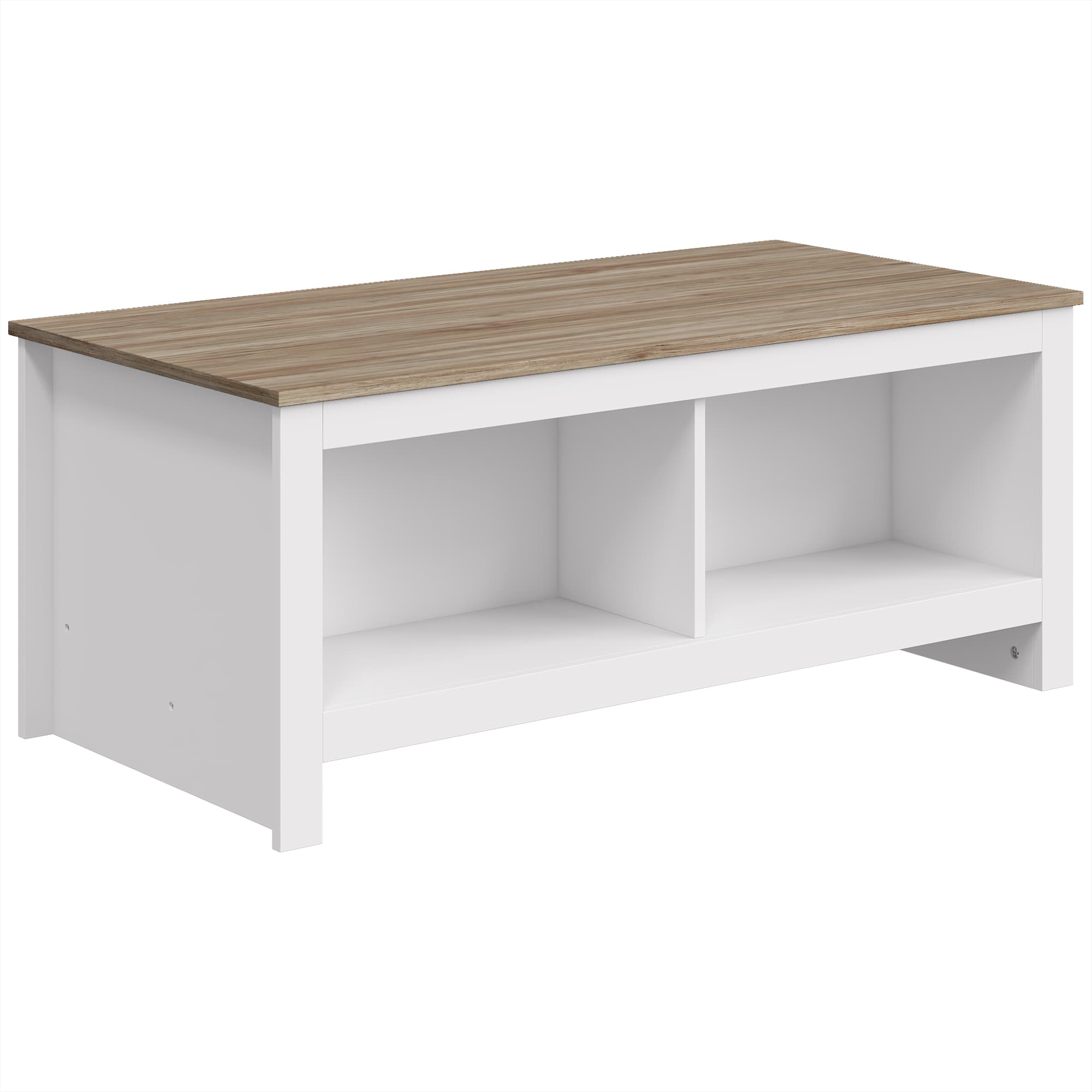 HOMCOM Table Basse Rectangulaire, Table de Salon Moderne avec 4 Compartiments Ouverts, 110 x 55 x 45,5 cm, Chêne et Blanc
