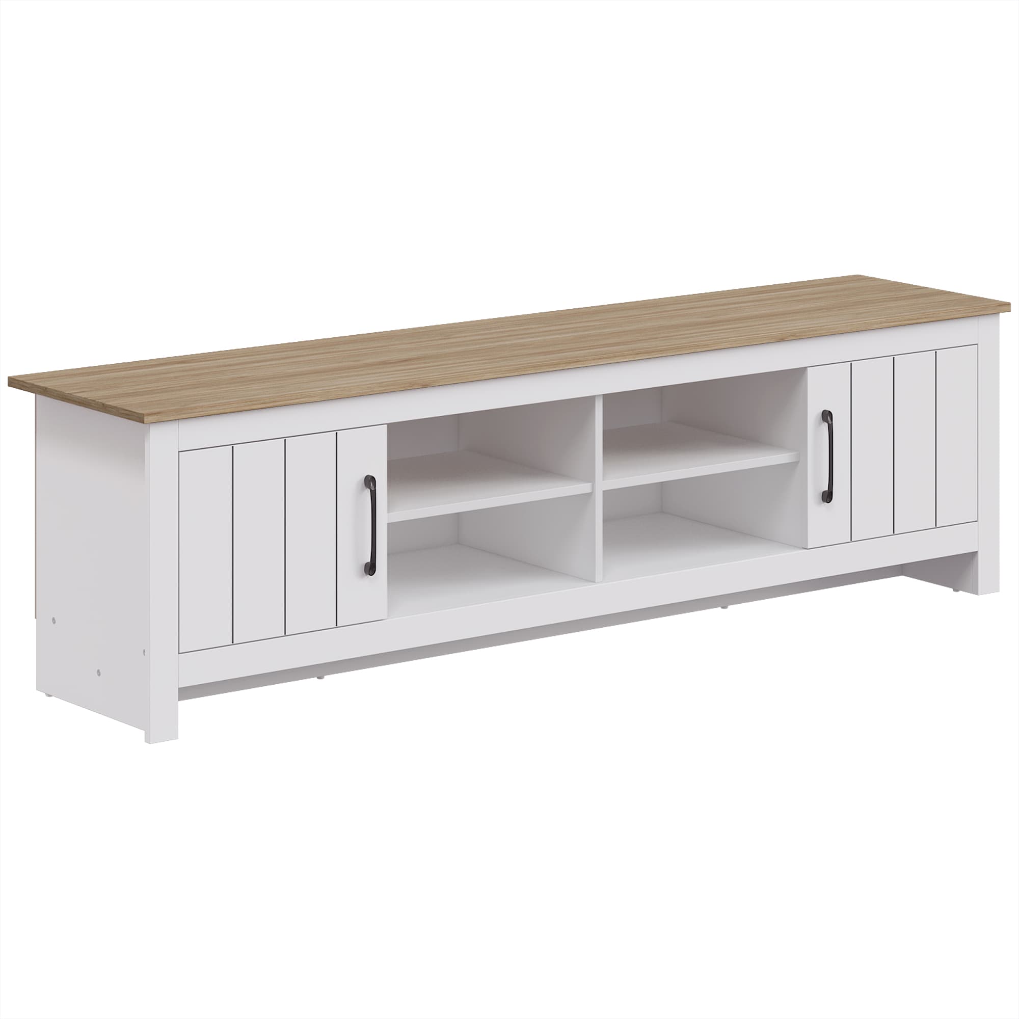 HOMCOM Meuble TV 175 cm, Meuble Télé pour Téléviseur jusqu'à 55 Pouces avec 2 Portes et 4 Compartiments Ouverts, Chêne et Blanc
