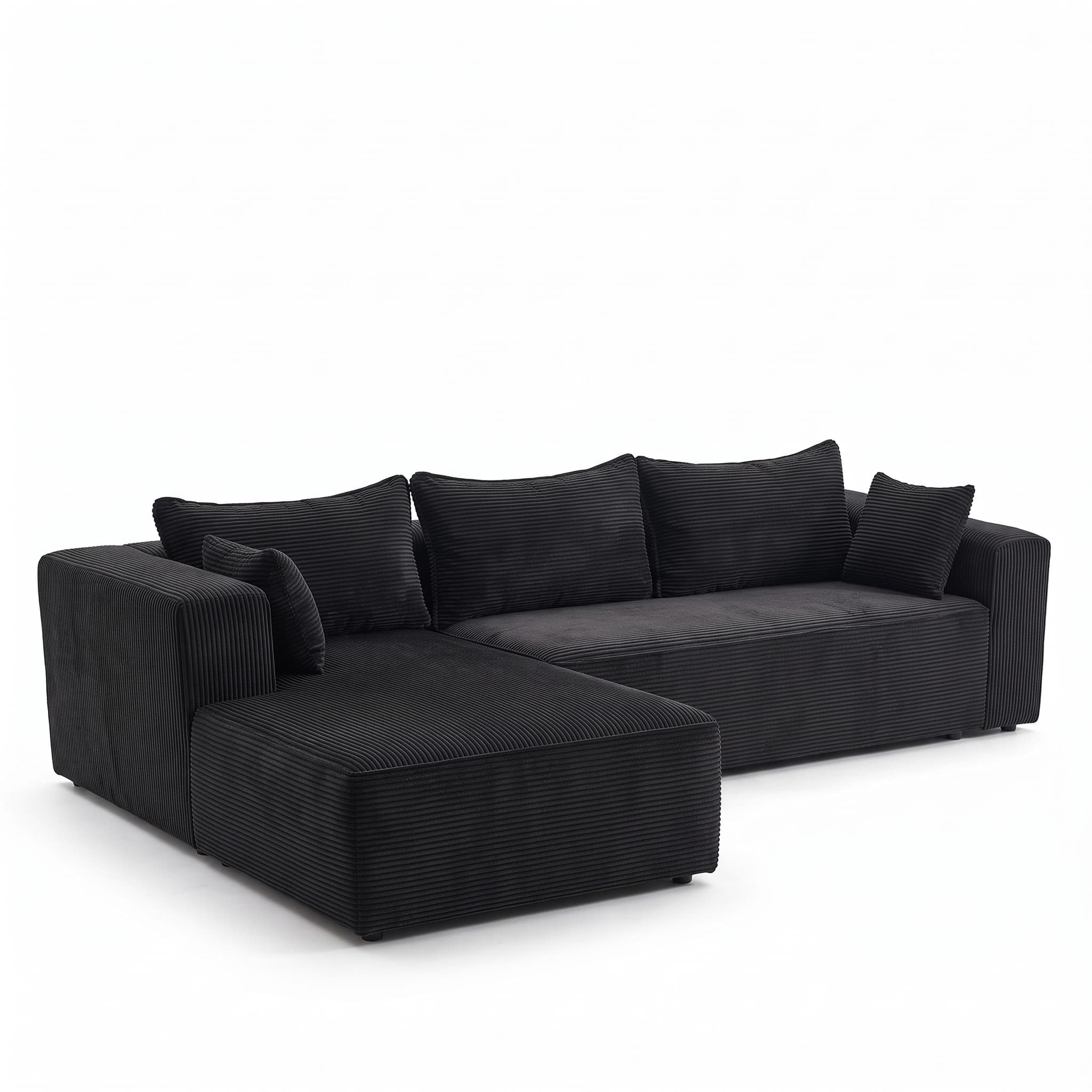 Compression Sectional Couch with Comfy Chaise, Boneless L Shape Sofa with Deep Seat, Minimalist Modular Couches Sleeper for Living Room Bedroom Apartment Lounge,corduroy,Black