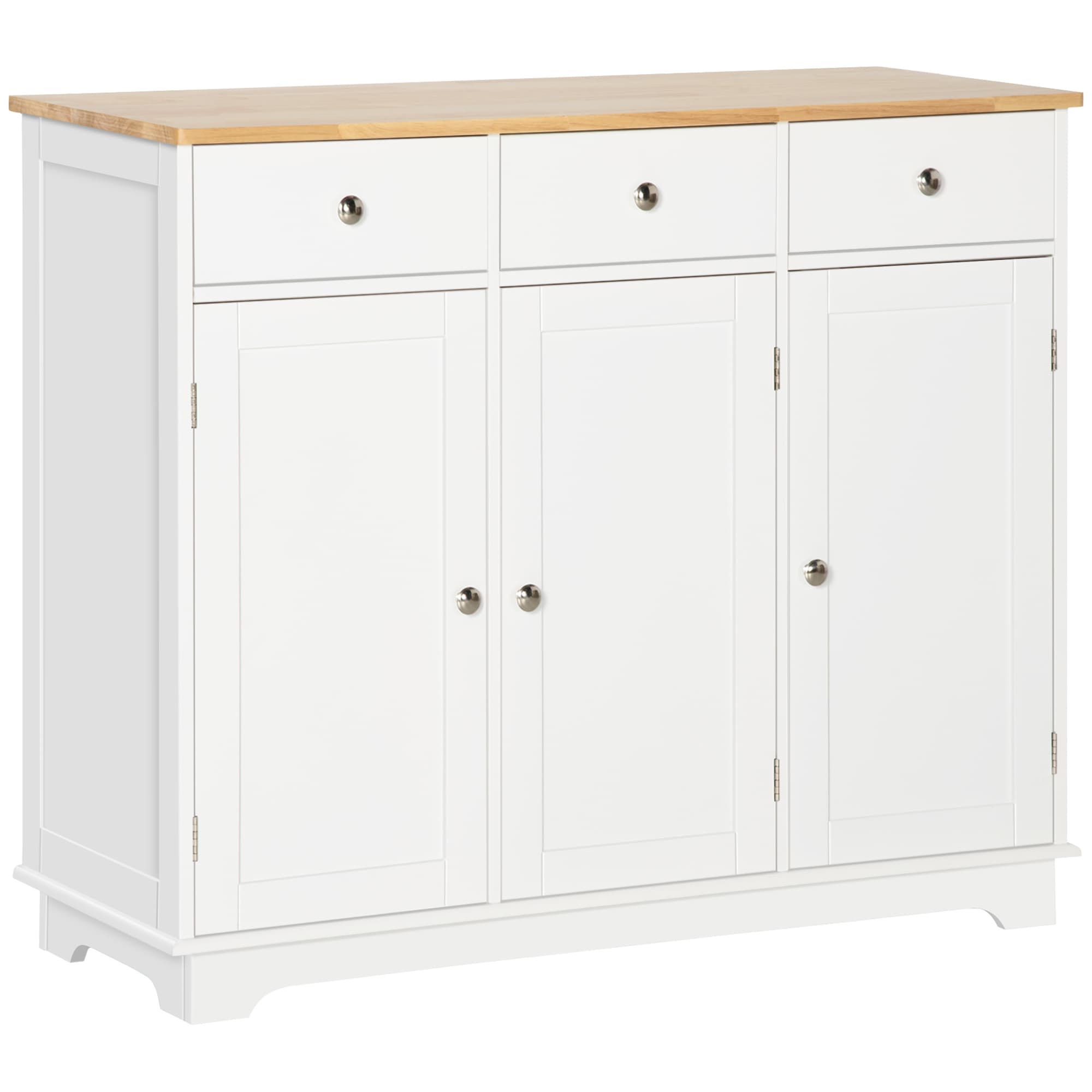 HOMCOM Buffet de cuisine avec plan en bois massif, 3 tiroirs, 3 portes, étagères réglables, Blanc et chêne