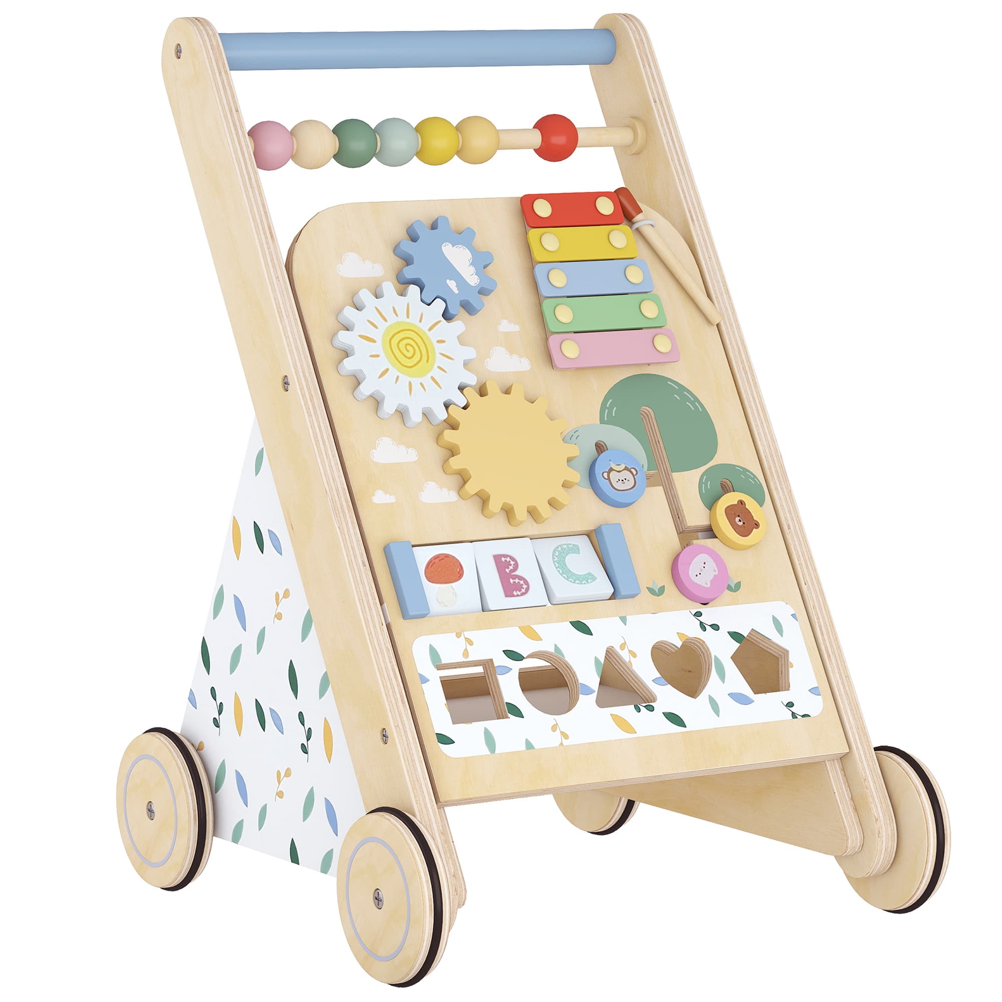 AIYAPLAY Trotteur Bebe en Bois, Chariot de Marche Bébé avec Centre d'Activités, Vitesse Réglable et 5 Blocs, dès 18 Mois, Naturel