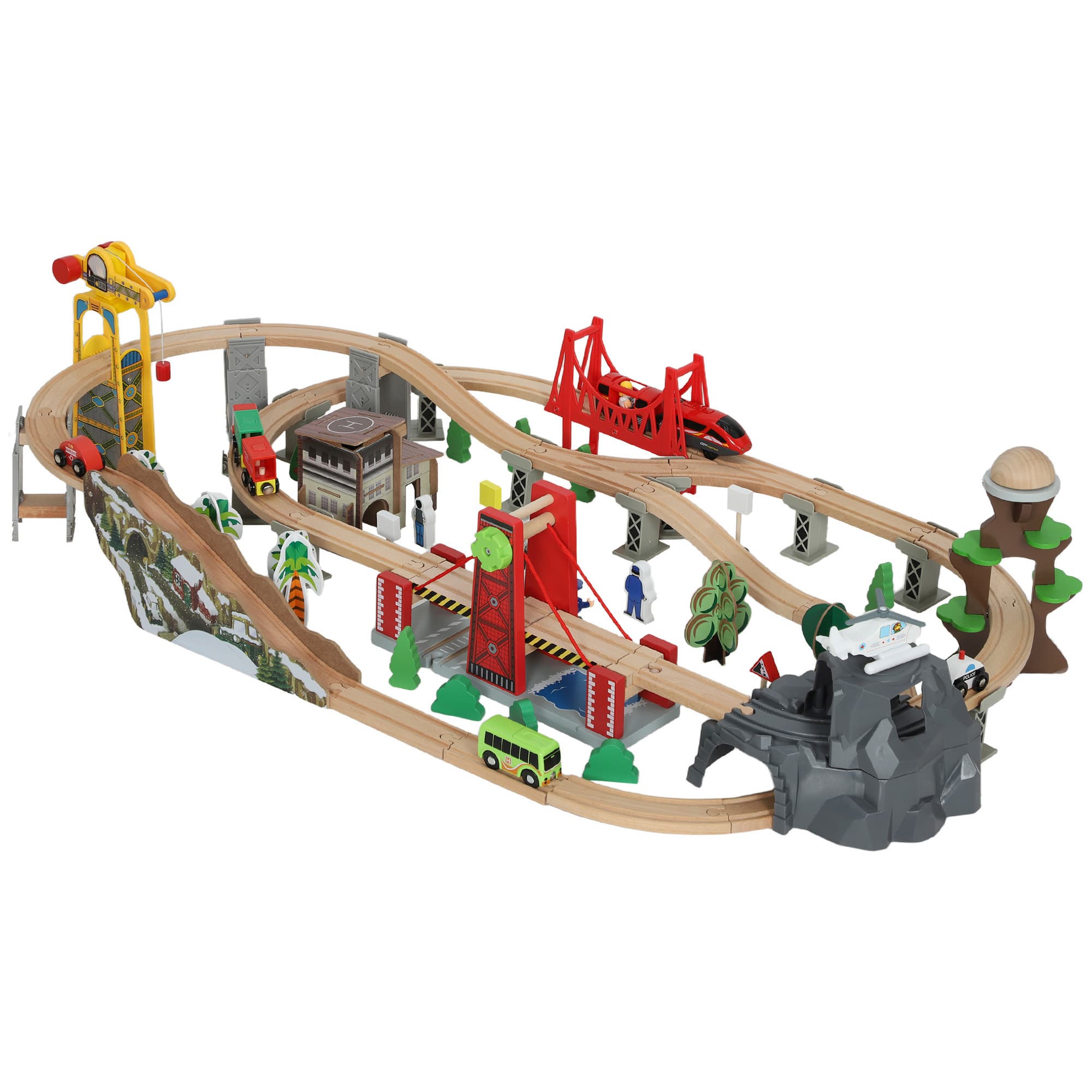 AIYAPLAY Set de Train en Bois pour Enfants, 100 Pièces, Jouets Ferroviaire Magnétique avec Grue, Pont, Hélicoptère, Multicolore