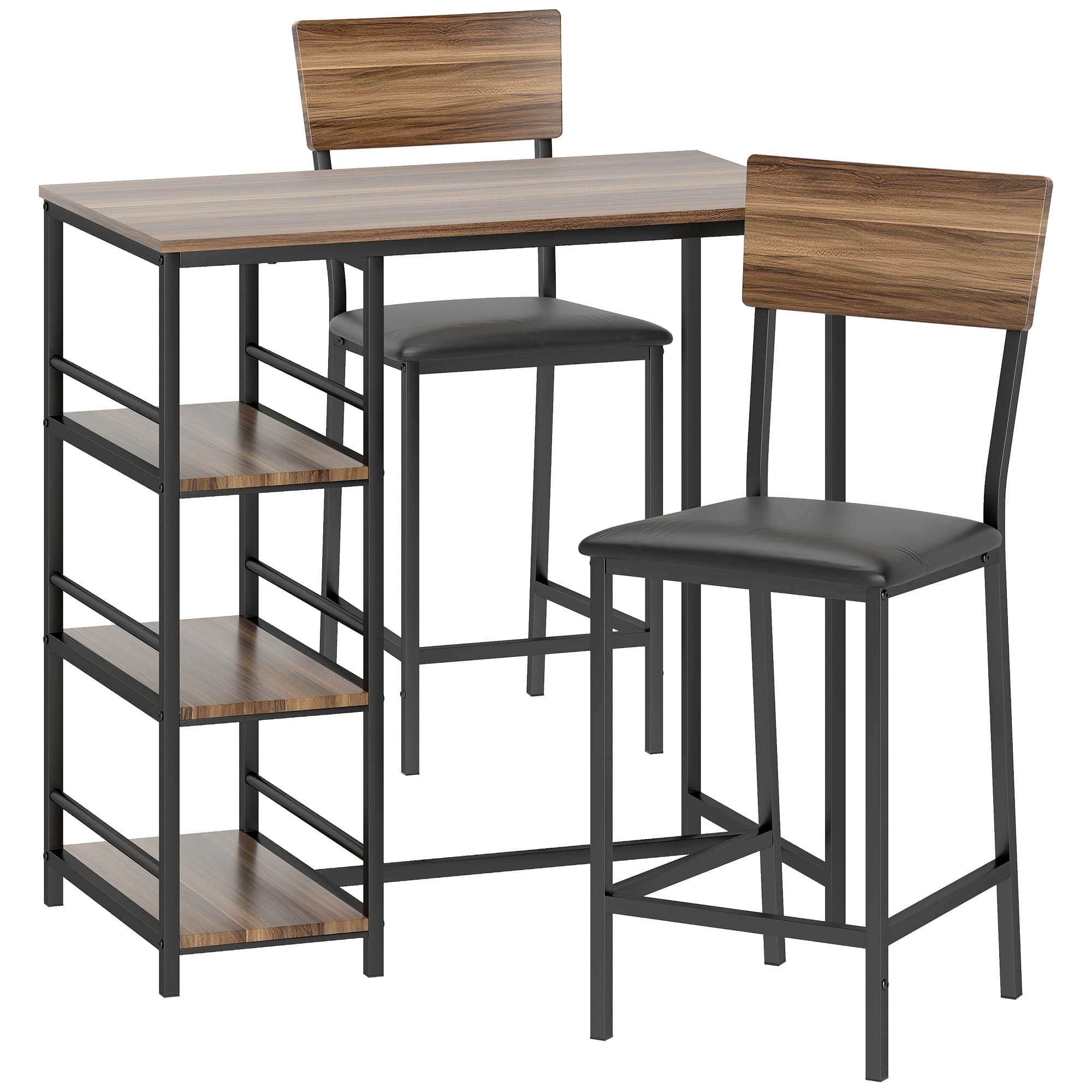 HOMCOM Ensemble Table de Bar avec 2 Tabourets, Table Haute de Cuisine et 2 Chaises de Bar Rembourrées PU, Noyer