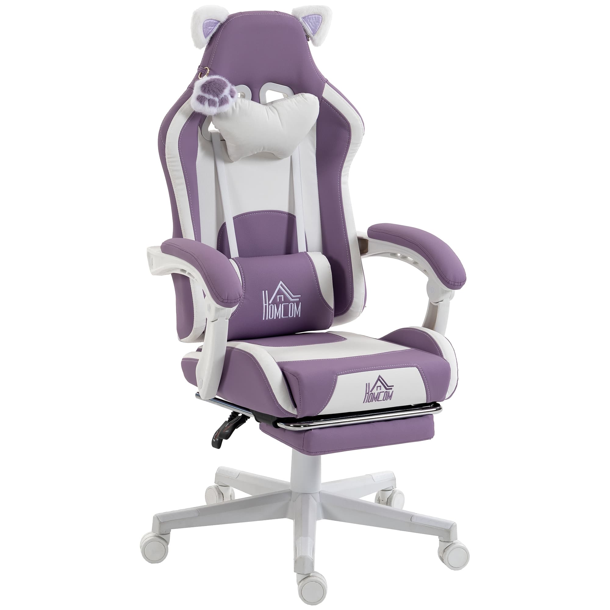 HOMCOM Chaise Gaming Ergonomique avec Oreilles de Chat, Repose-pieds, Support Lombaire et Cervical, Violet