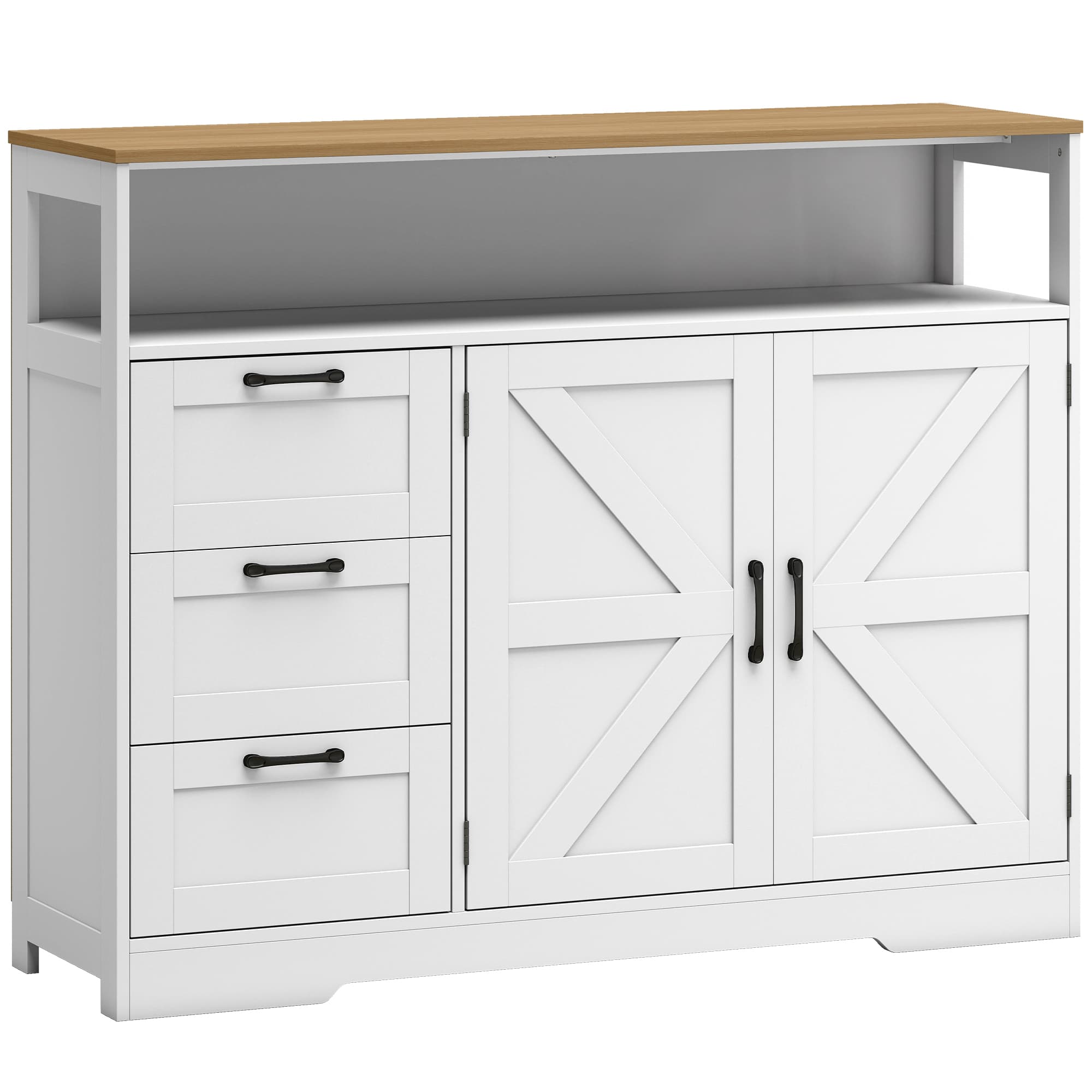 HOMCOM Buffet Cuisine, Meuble de Rangement avec 3 Tiroirs, 2 Portes Façon Grange, Plan de Travail et Compartiment Ouvert, Blanc