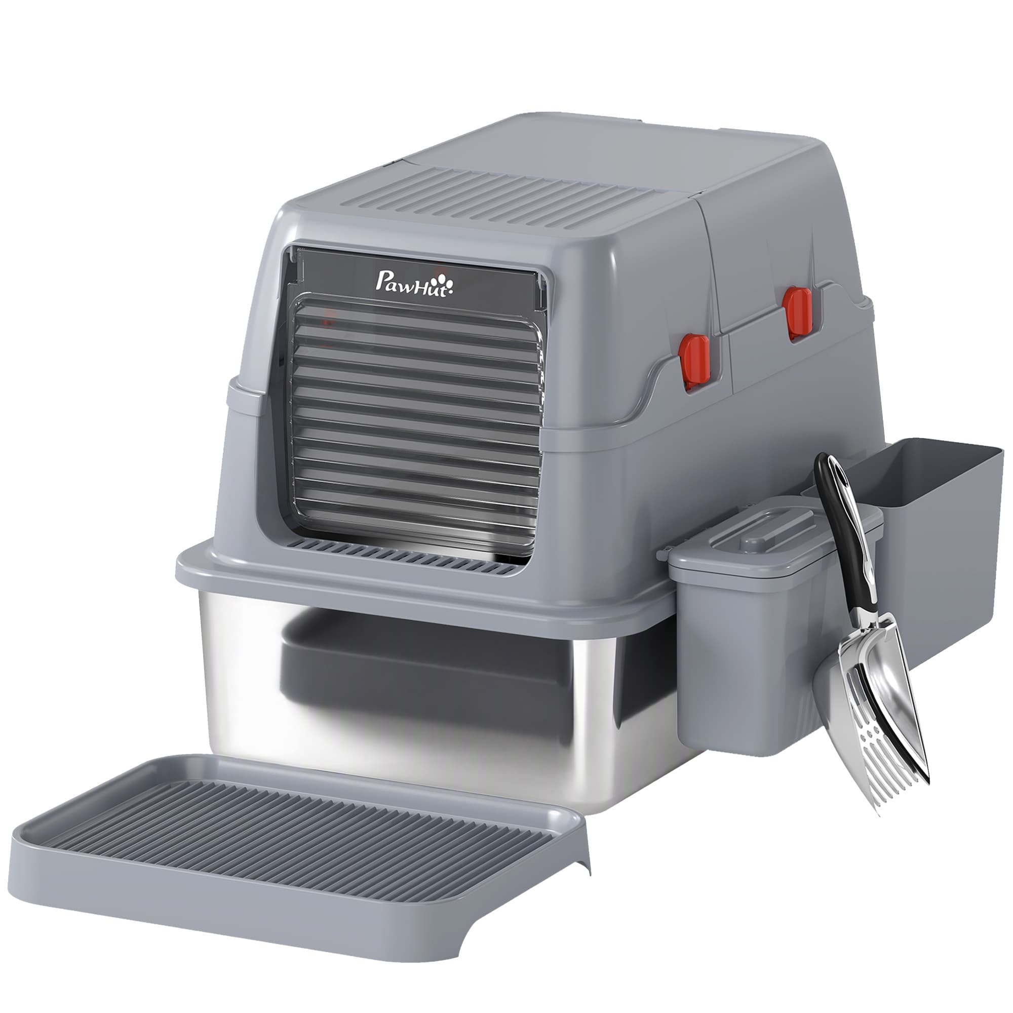 PawHut 3 en 1 Litière pour Chat Fermée Grande 49L en Acier Inox avec Couvercle, Pelle, Plateau, 2 Conteneurs, Gris