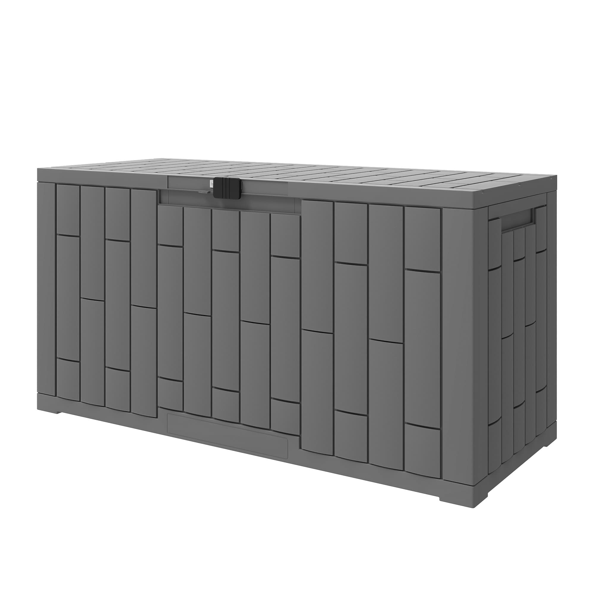 Outsunny Coffre de Rangement Extérieur 227 L Verrouillable avec Vérin à Gaz, Aspect Bois, 106,5x43x54,5cm, Gris