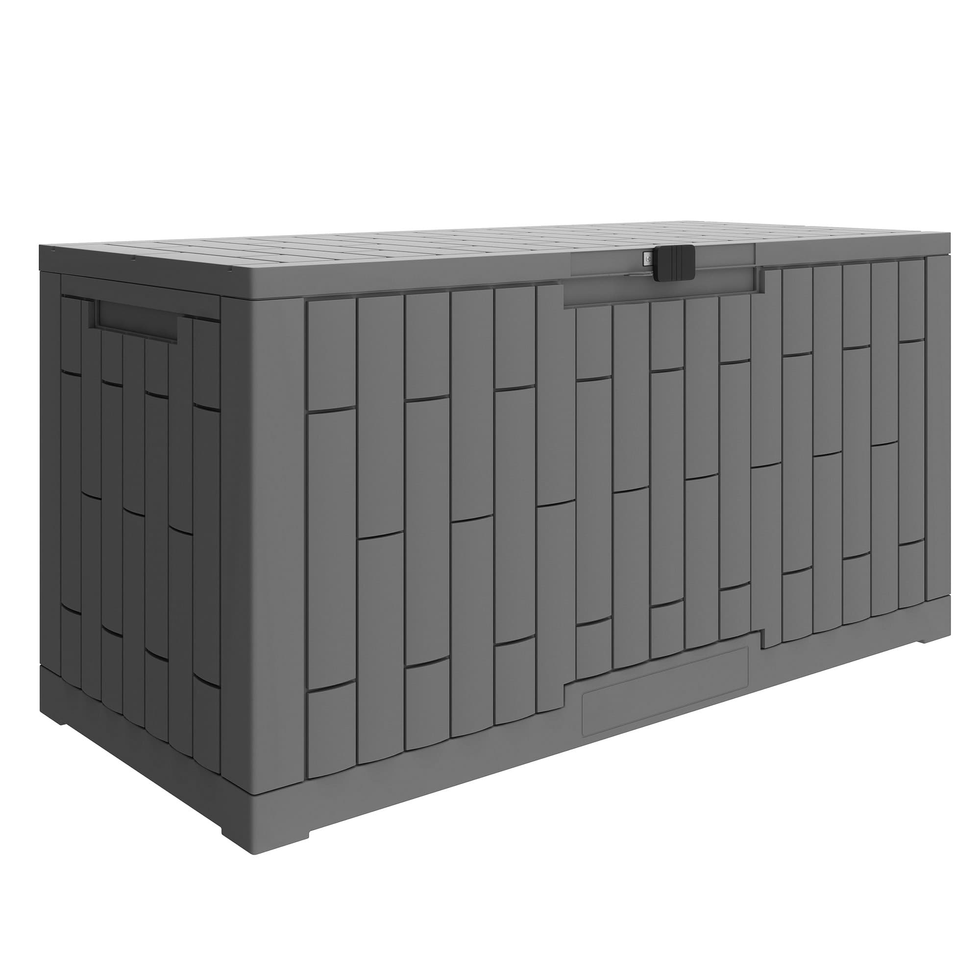 Outsunny Coffre de Rangement Extérieur 379 L Verrouillable avec Vérin à Gaz, Aspect Bois, 122,5x56x62cm, Gris