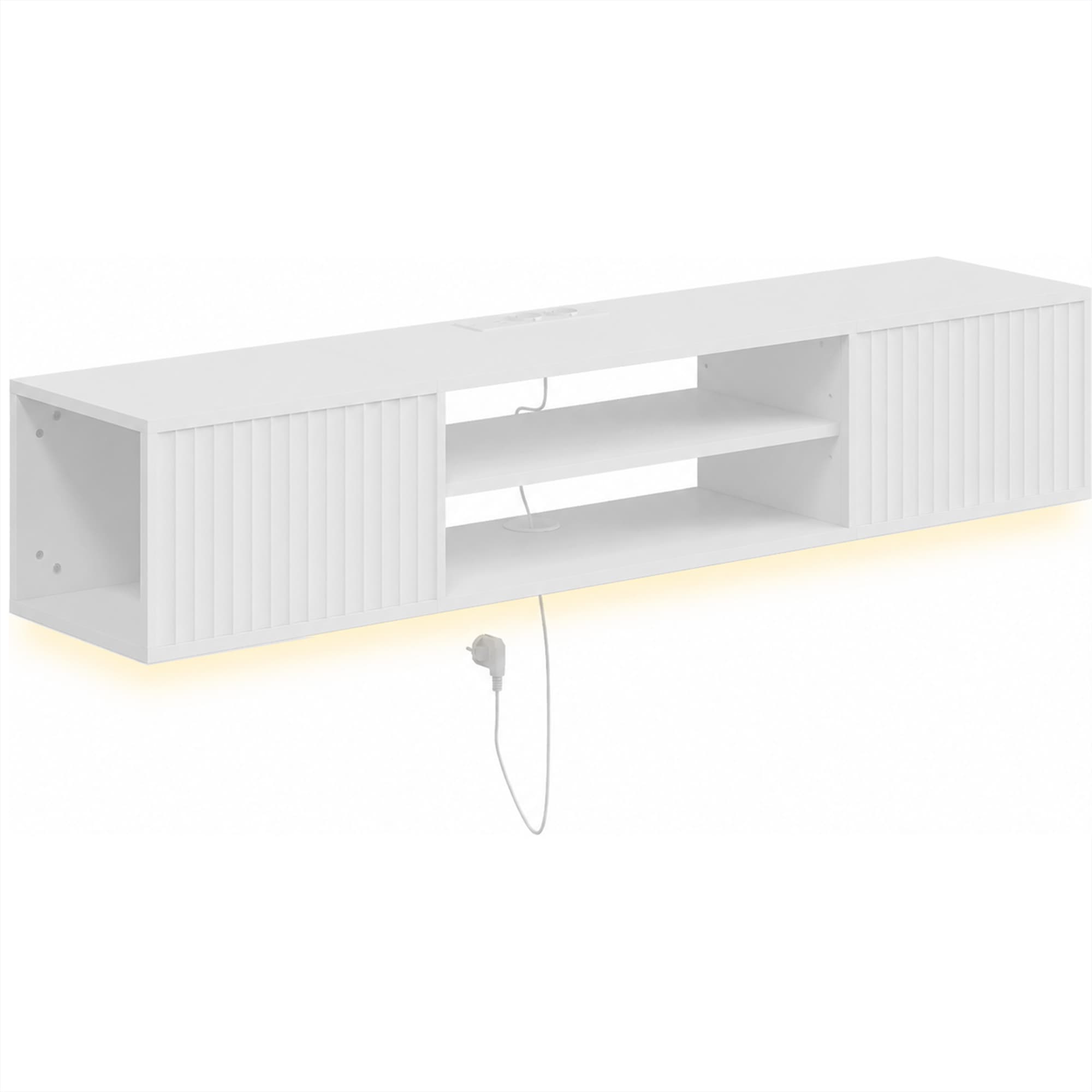 HOMCOM Meuble TV Suspendu Flottant 140cm avec Éclairage LED et Prises, 2 Portes Cannelées et Étagère Réglable, Blanc