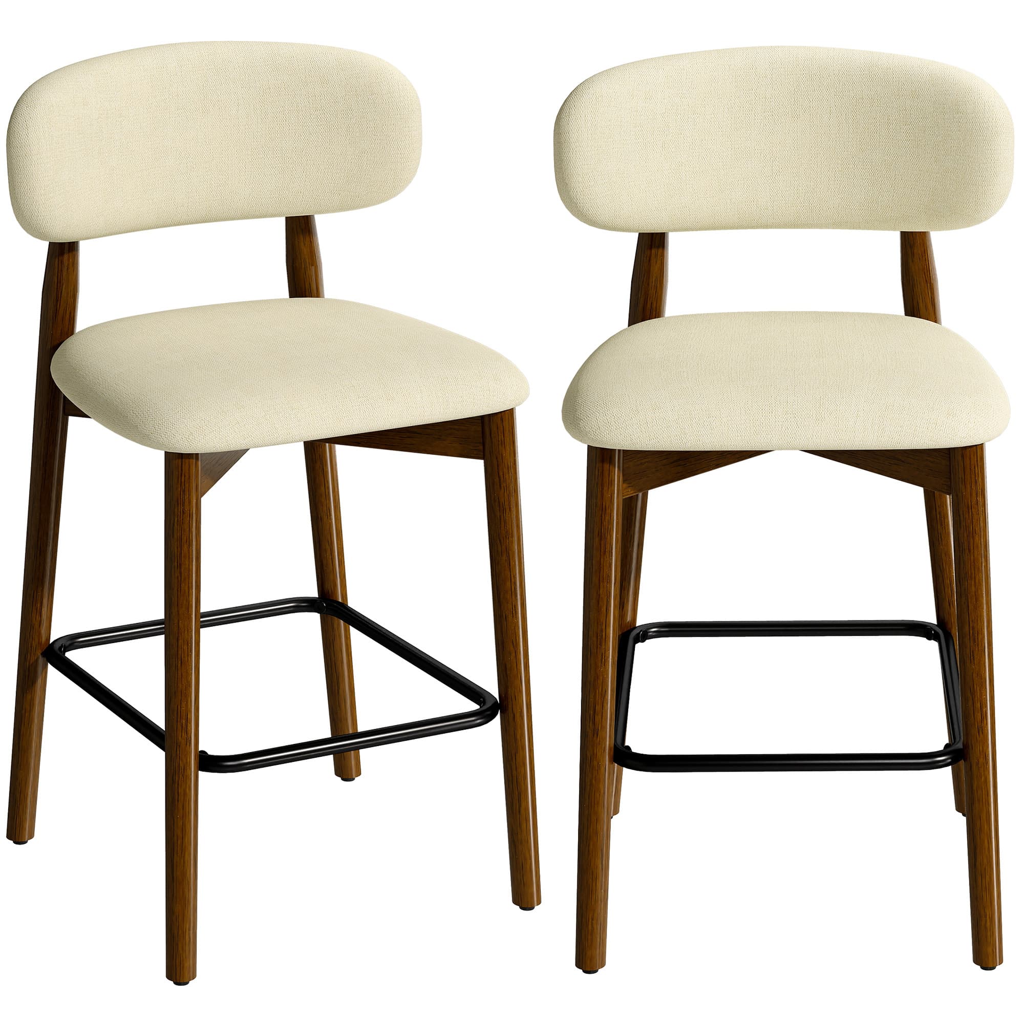 HOMCOM Lot de 2 Tabourets de Bar, Chaises de Bar en Chenille, Assise Rembourrée, Dossier et Repose-Pieds, Pieds en Bois, Beige