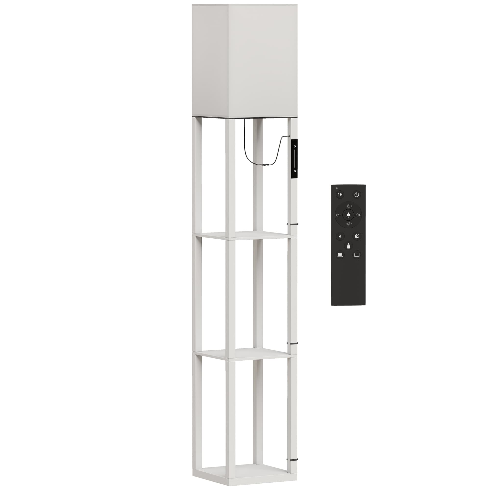 HOMCOM Lampadaire avec 3 étagères Lumière LED réglable Commande tactile et télécommande Abat-jour en tissu Ampoule incluse Blanc
