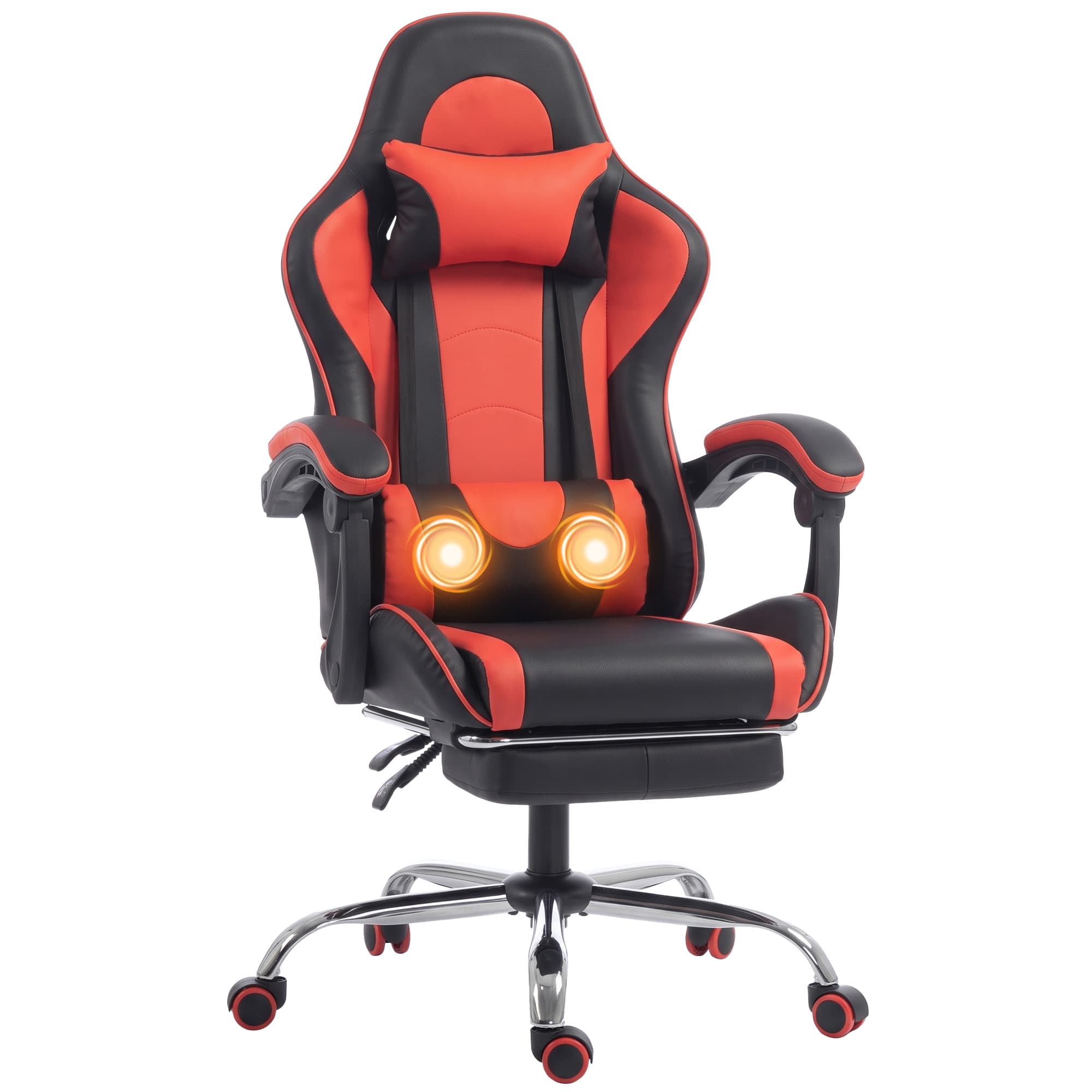 HOMCOM Chaise Gaming Ergonomique Massante avec Coussin Lombaire Réglable, Similicuir, Repose-pieds, Rouge