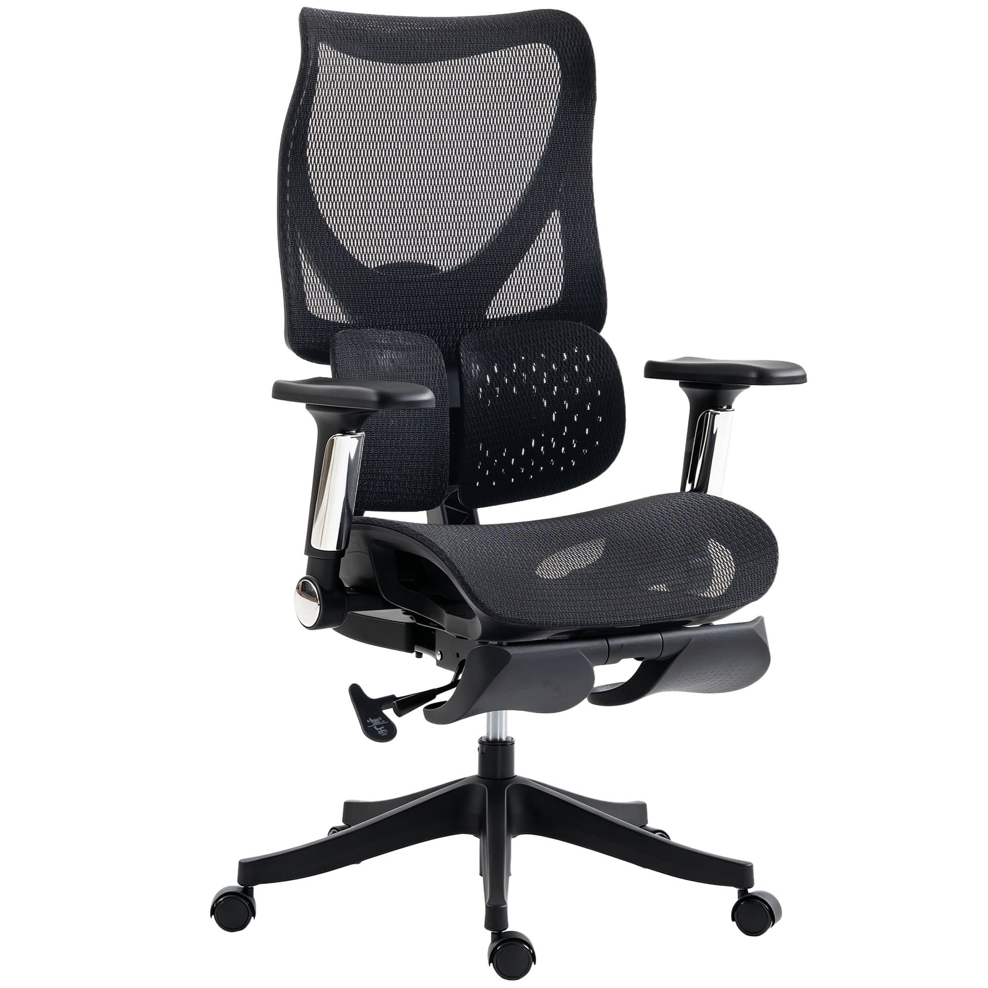 HOMCOM Chaise Bureau Ergonomique, Fauteuil de Bureau Inclinable en Maille, Support Lombaire, Accoudoirs 4D, Noir
