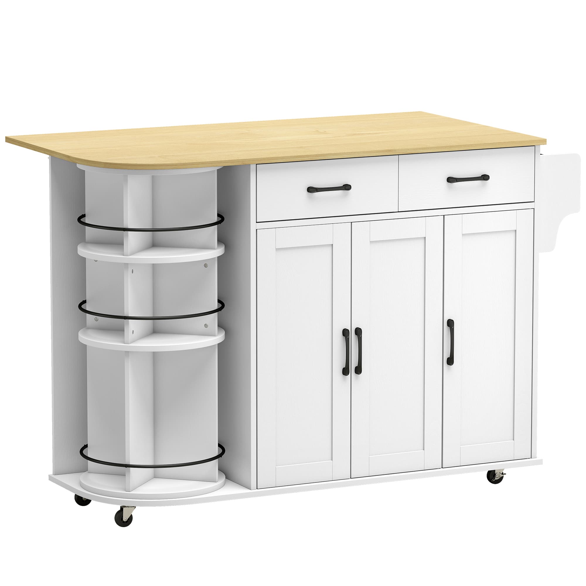 HOMCOM Îlot de Cuisine à 5 Roulettes Plan de Travail Extensible 3 Étagères Tournantes 360° 2 Tiroirs 3 Portes Porte-Serviettes Blanc