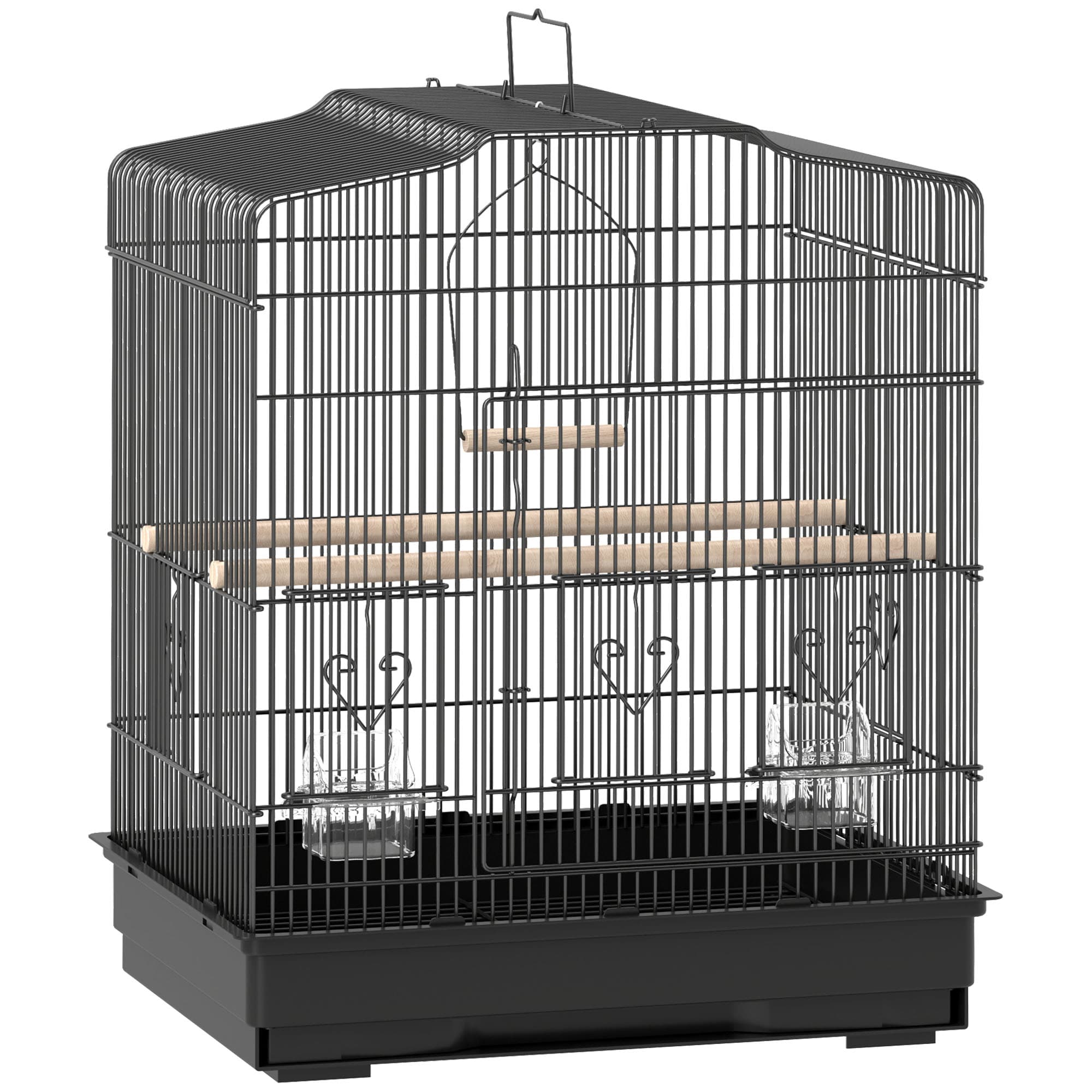 PawHut Cage pour Petits Oiseaux Portable avec Poignée, Plateau Amovible et 5 Portes, Perchoirs et Balançoire, Noir