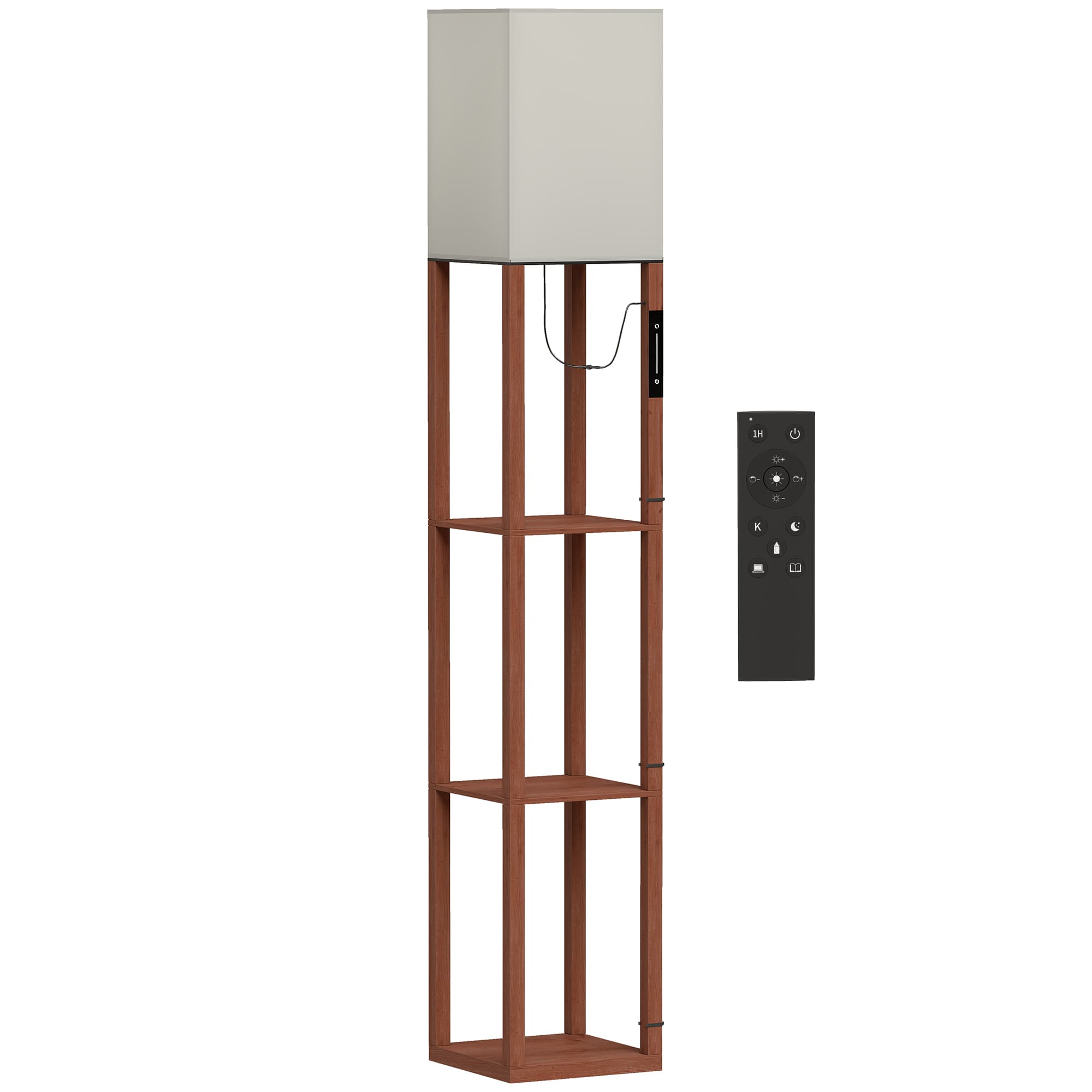 HOMCOM Lampadaire avec 3 Estantes Lumière LED Régulable Commande Tactile et Télécommande Abat-jour en Tissu Ampoule Incluse Marron
