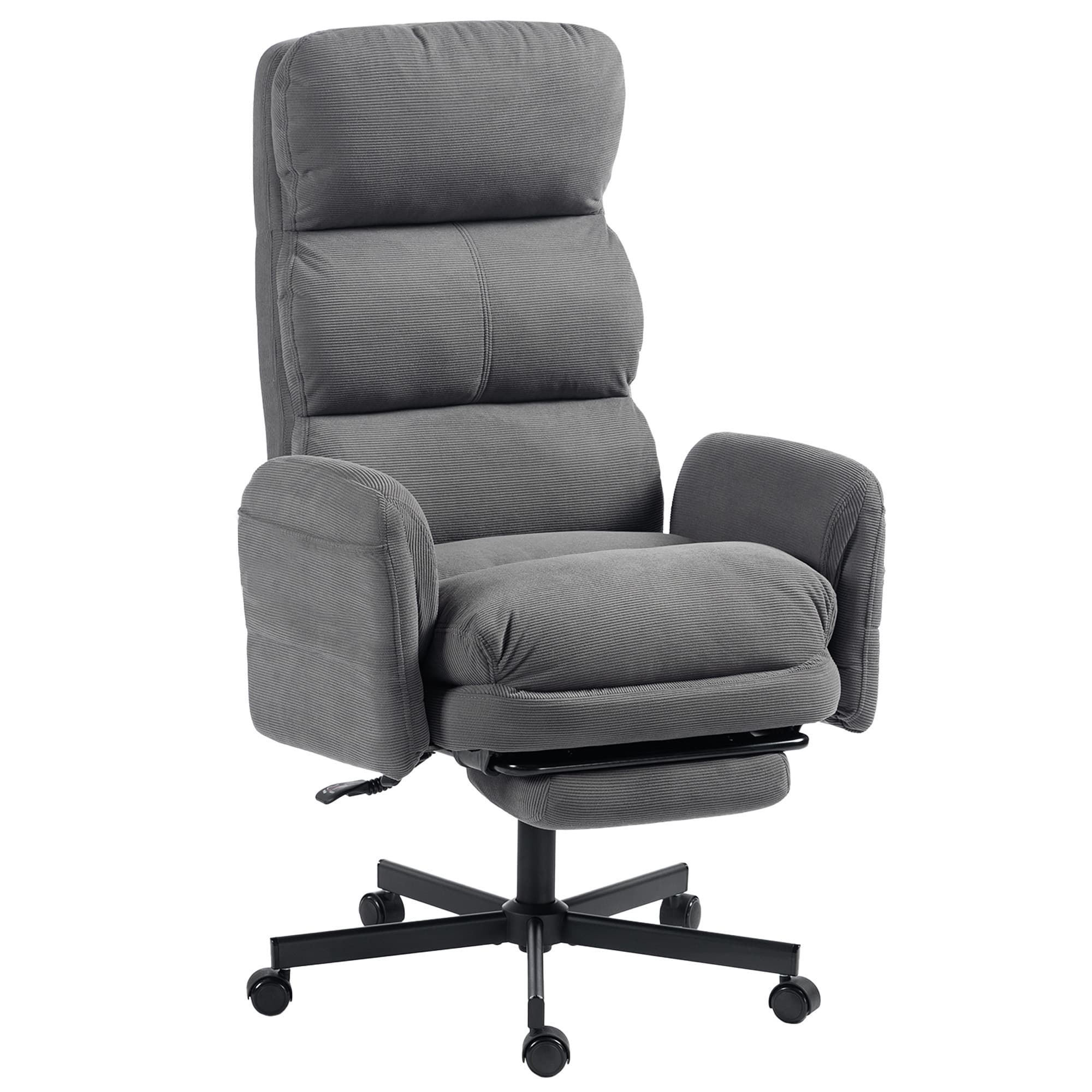 HOMCOM Chaise Bureau Ergonomique, Accoudoirs Rabattables, Appui-tête Réglable, Fauteuil Bureau Inclinable Velours Côtelé, Gris