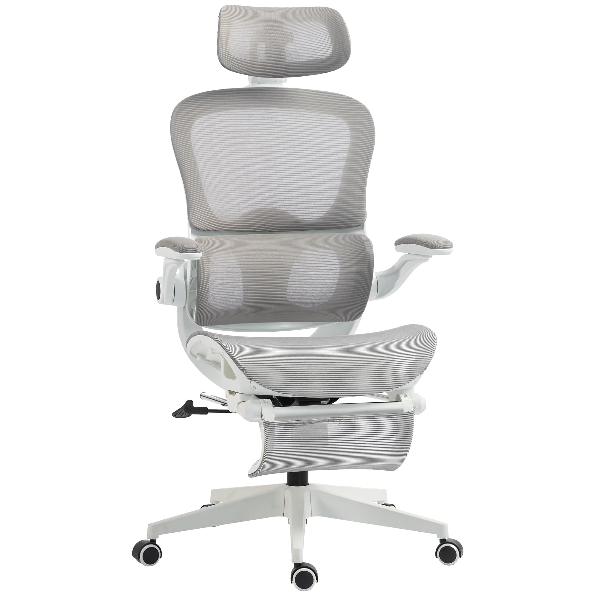 HOMCOM Chaise Bureau Ergonomique Inclinable en Maille, Support Lombaire, Appui-Tête, Accoudoirs Relevables, 62x66x126cm, Gris