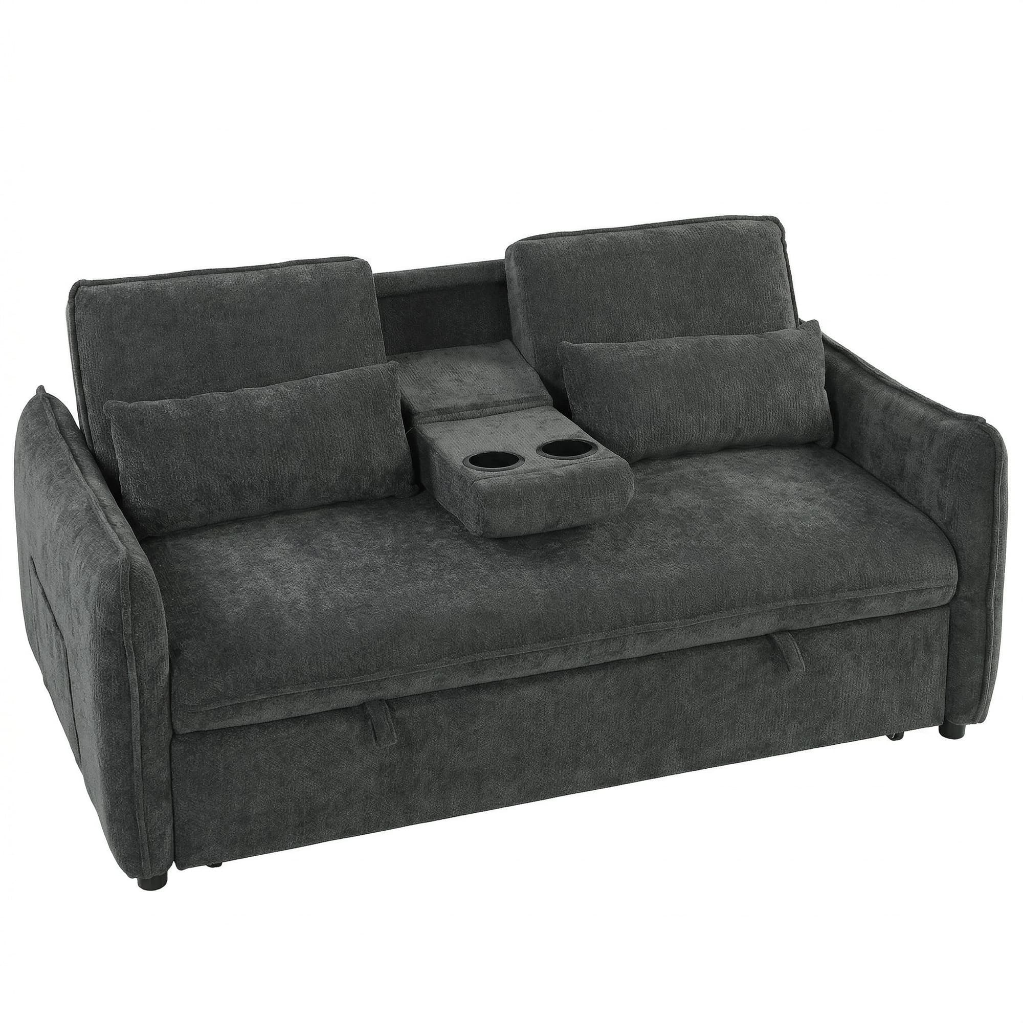 HOMCOM Canapé convertible 2 places 3 en 1, canapé-lit clic clac en chenille avec dossier réglable, porte-gobelets, gris foncé