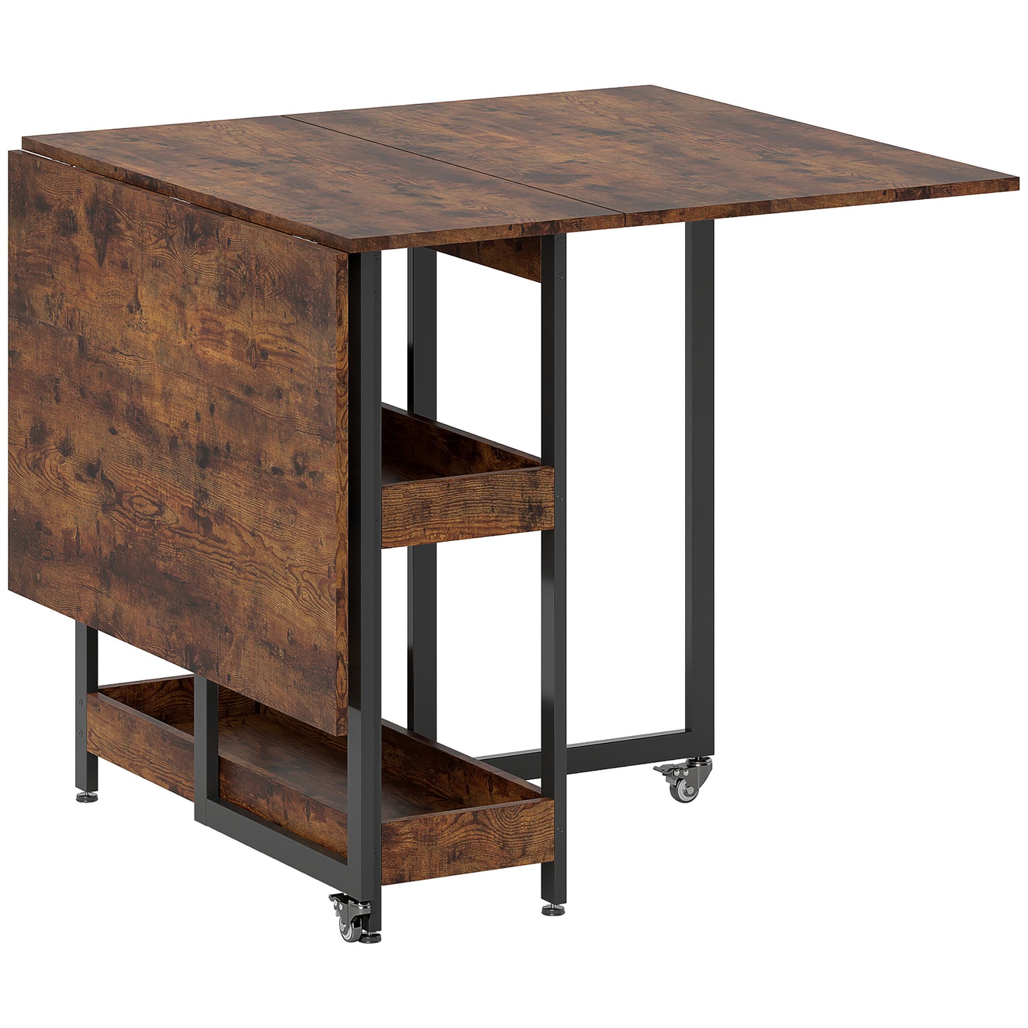 HOMCOM Table à manger pliante sur roulettes 4 personnes avec compartiments ouverts, pour petits espaces, salle à manger, marron