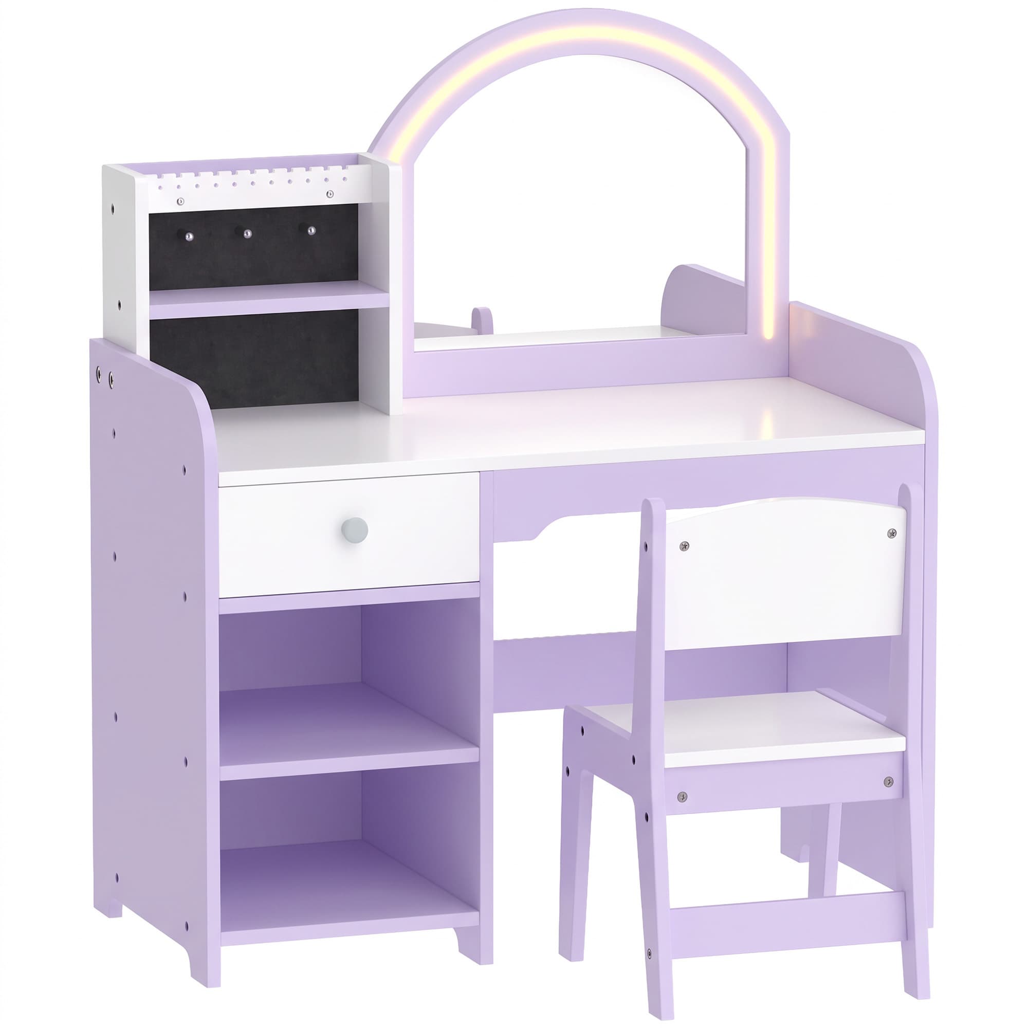 AIYAPLAY Coiffeuse pour Enfants avec Tabouret et Miroir en Acrylique à Éclairage Bicolore Coiffeuse Bureau Fille 3-8 Ans Violet