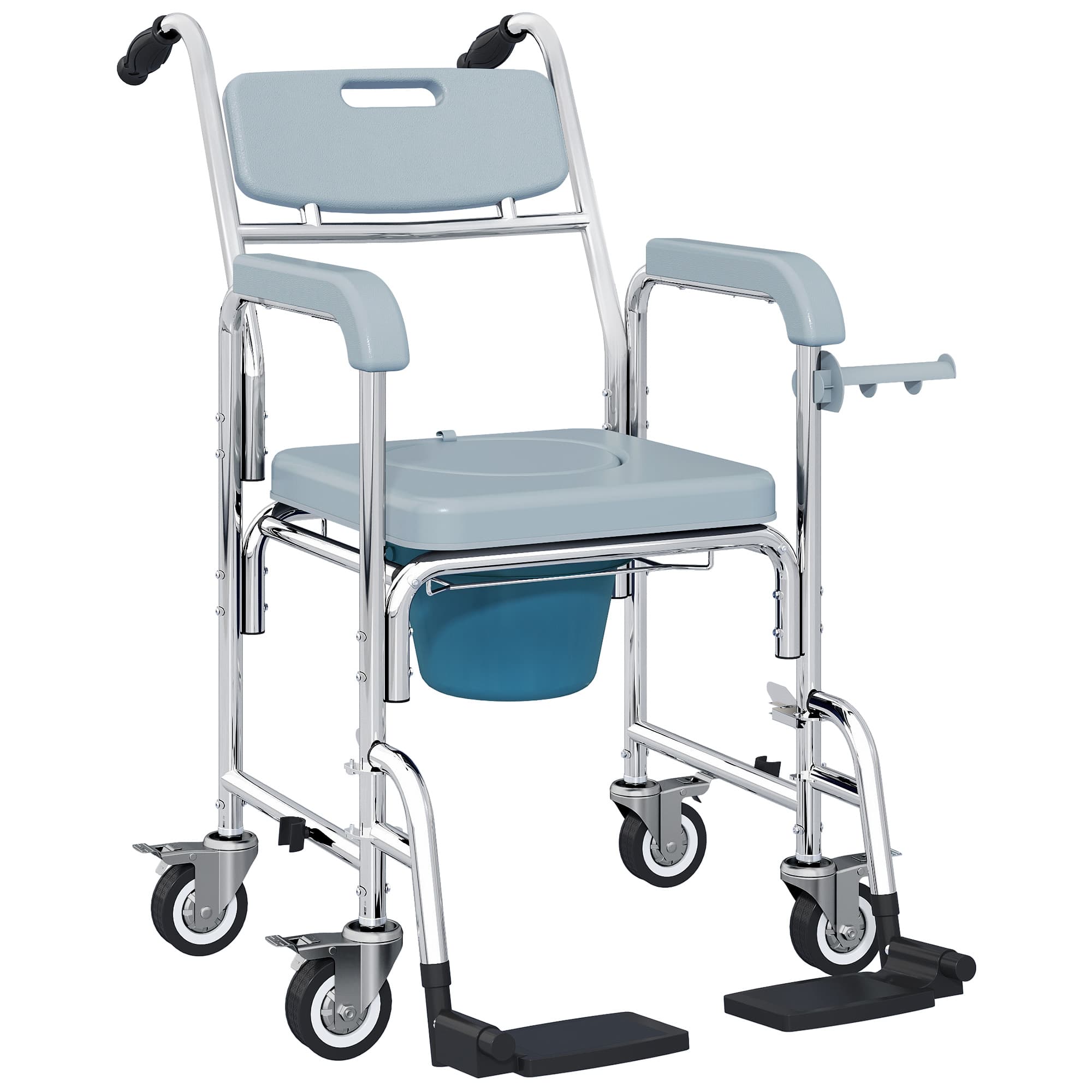HOMCOM Chaise percée adulte à roulettes, chaise percée de douche avec repose-pieds, dossier et accoudoirs, 53x97x97cm, gris