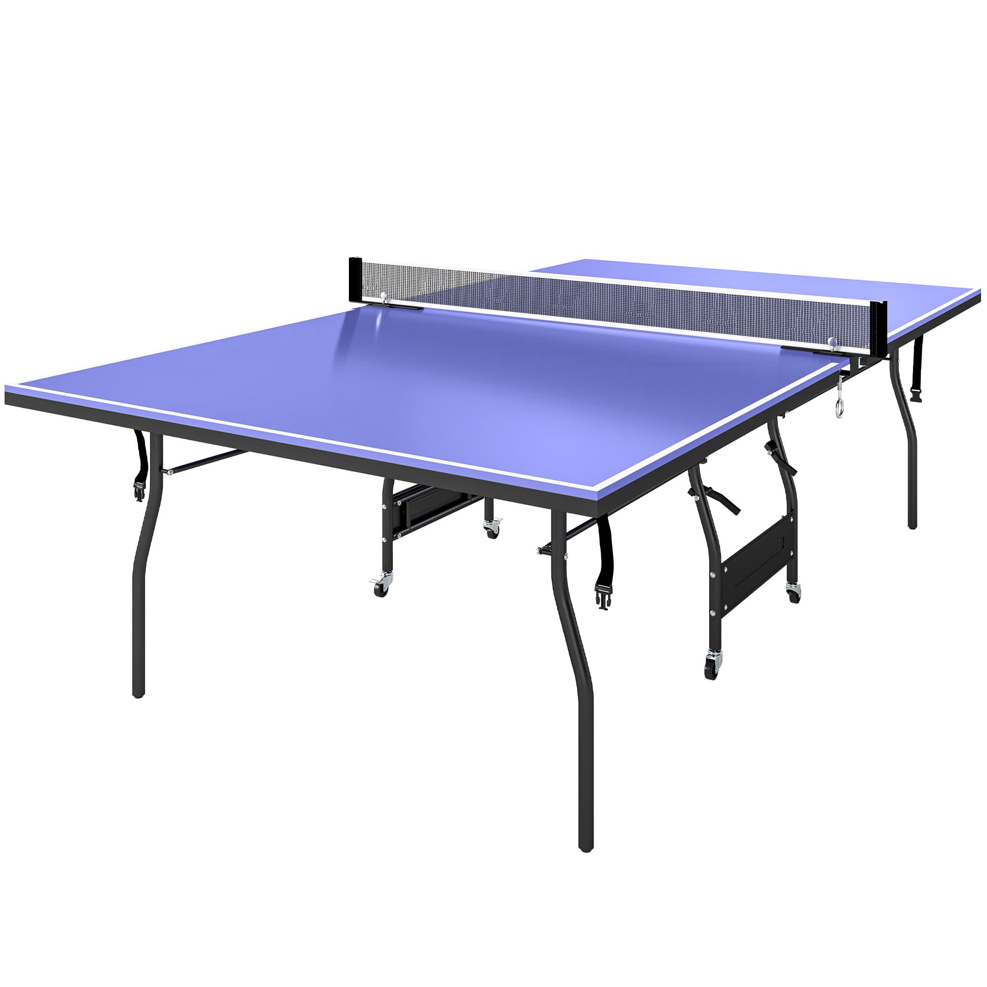 SPORTNOW Tables de Tennis de Table Pliable en Acier avec Roues, Loquets, Filet, 2 Raquettes, 3 Balles, 274 x 152,5 x 76 cm, Bleu