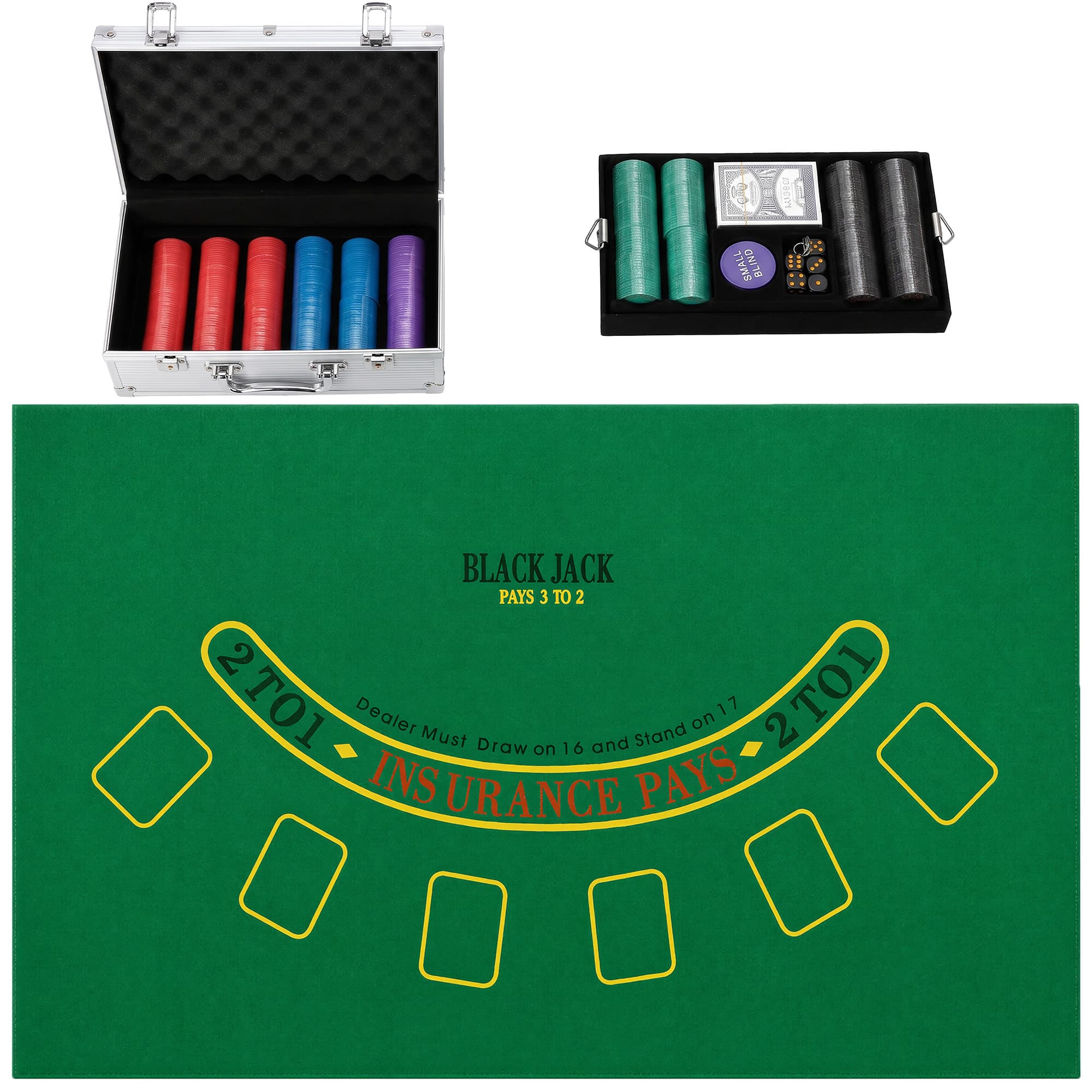 SPORTNOW Mallette de Poker 500 Jetons 5 Valeurs, 2 Jeux de Cartes, Tapis de Jeu, Bouton Dealer, Blind, Alu, 31x17x11,5cm, Argenté