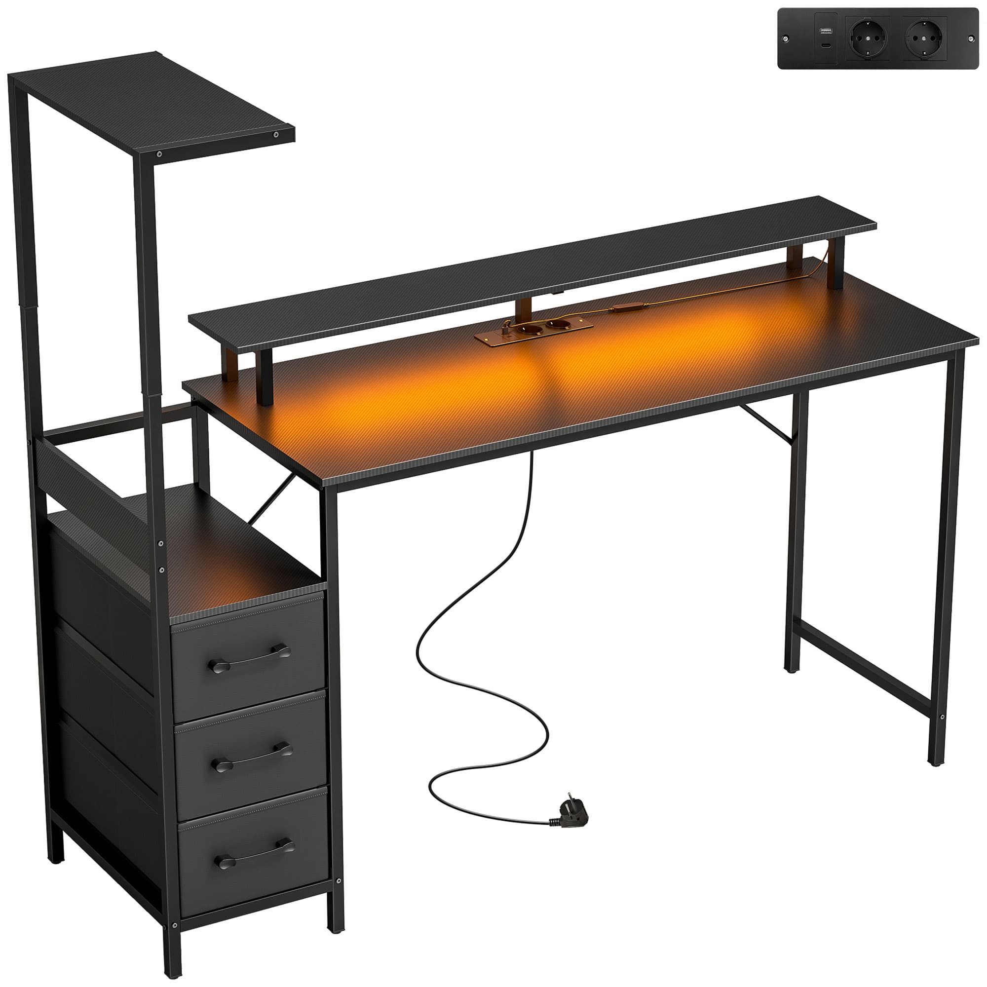 HOMCOM Bureau Gaming 147 x 47 cm, Éclairage RGB, Prises et Ports USB, Support pour Unité Centrale Réglable et Réversible, Noir