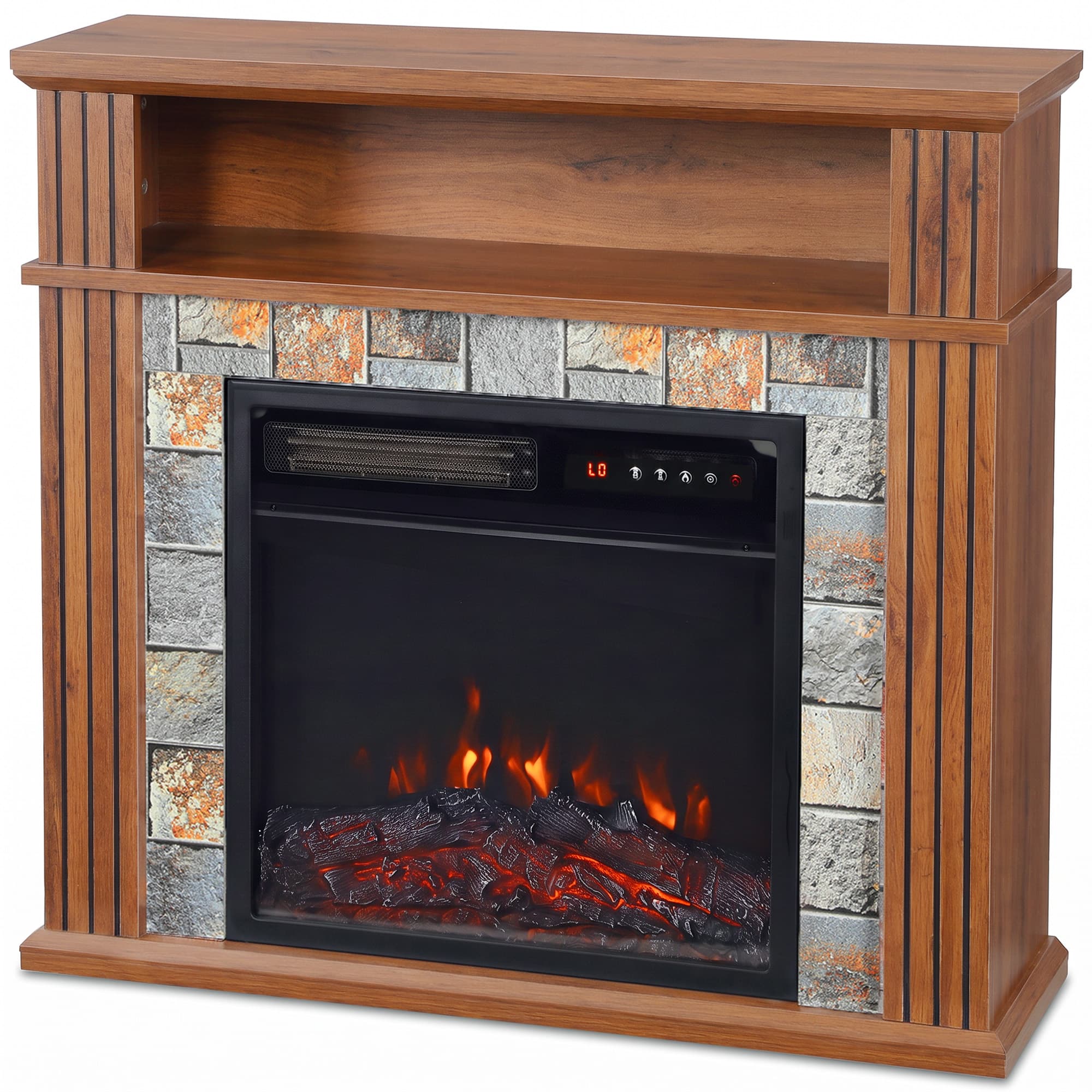 HOMCOM Cheminée Électrique 1800 W, Effet Flamme LED Réaliste, Compartiment Ouvert, 5 Niveaux de Luminosité, Manteau, Marron