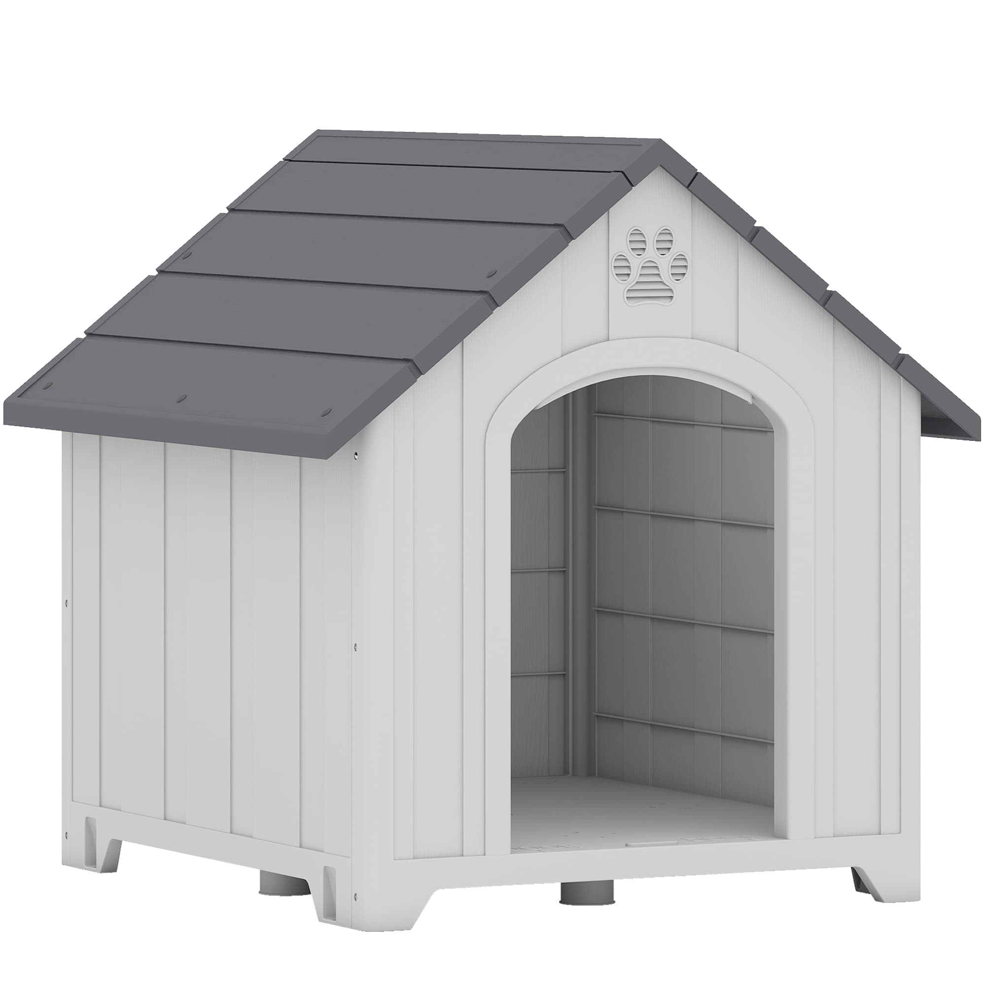 PawHut Niche pour chien extérieur, maison chien en polypropylène imperméable ventilé plancher surélevé 66x55x65cm gris clair