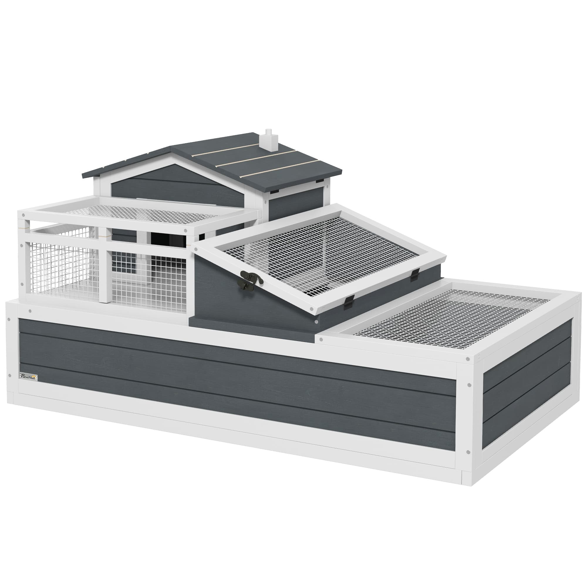 PawHut Enclos Tortue Maison Tortue Terrestre Duplex 2 Niveaux 3 Zones Bac Étanche Rampe 50cm et Toit Ouvrant 112x65x59cm Gris