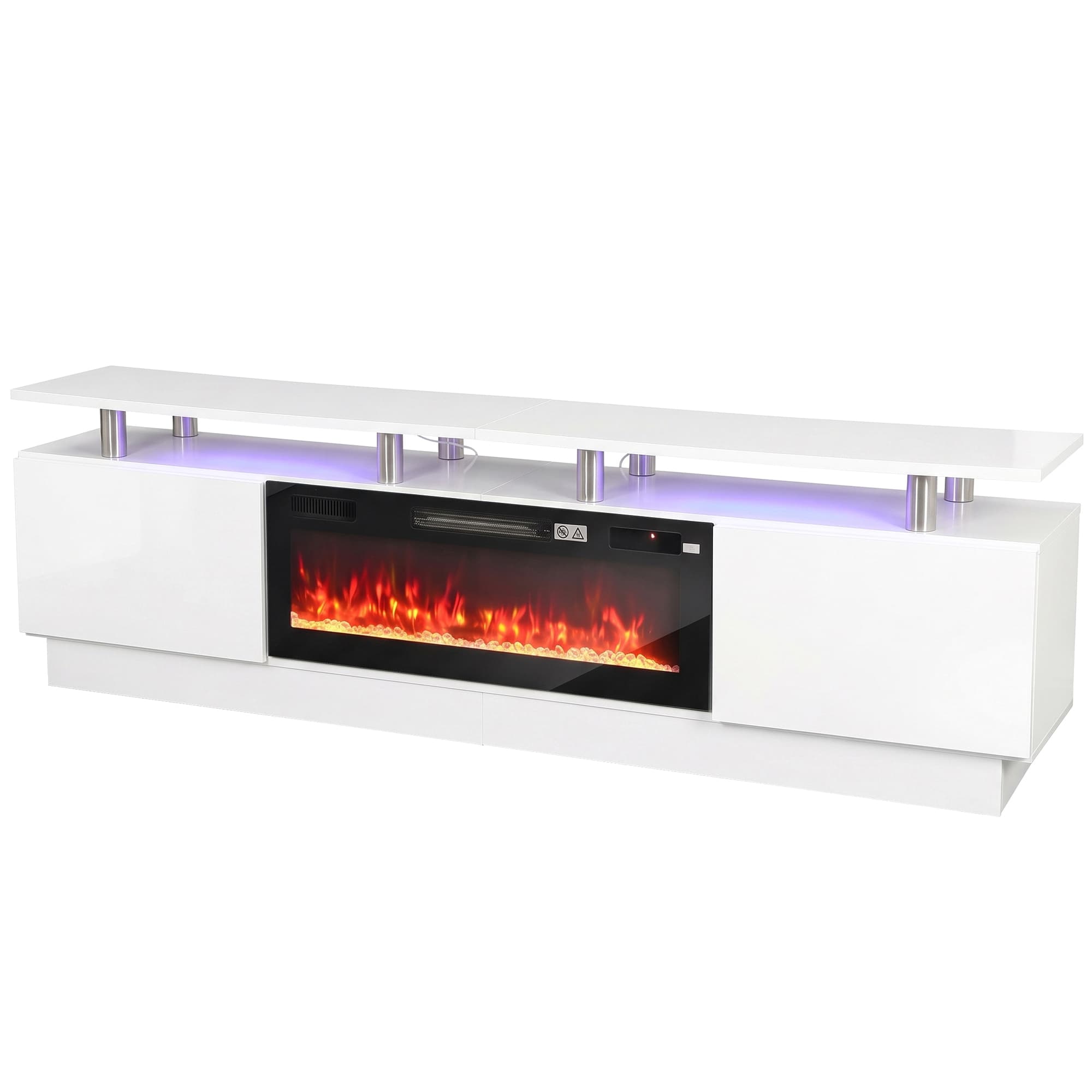 HOMCOM Meuble TV avec Cheminée Électrique 203cm avec Éclairage LED Fausse Cheminée Décorative 900/1800W Effet Flamme 3D Blanc