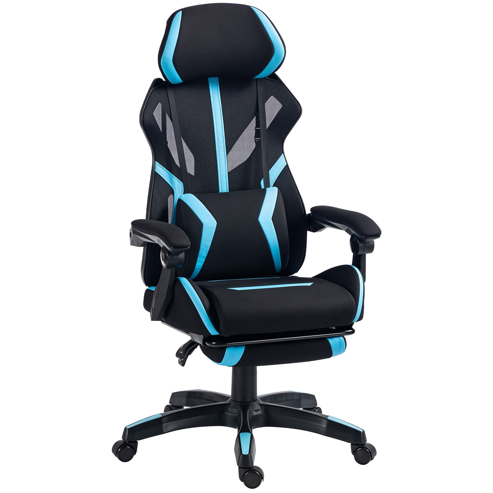 HOMCOM Chaise Gaming Ergonomique, Fauteuil Gaming Inclinable en Maille avec Appui-Tête Réglable, Soutien Lombaire, Noir et Bleu