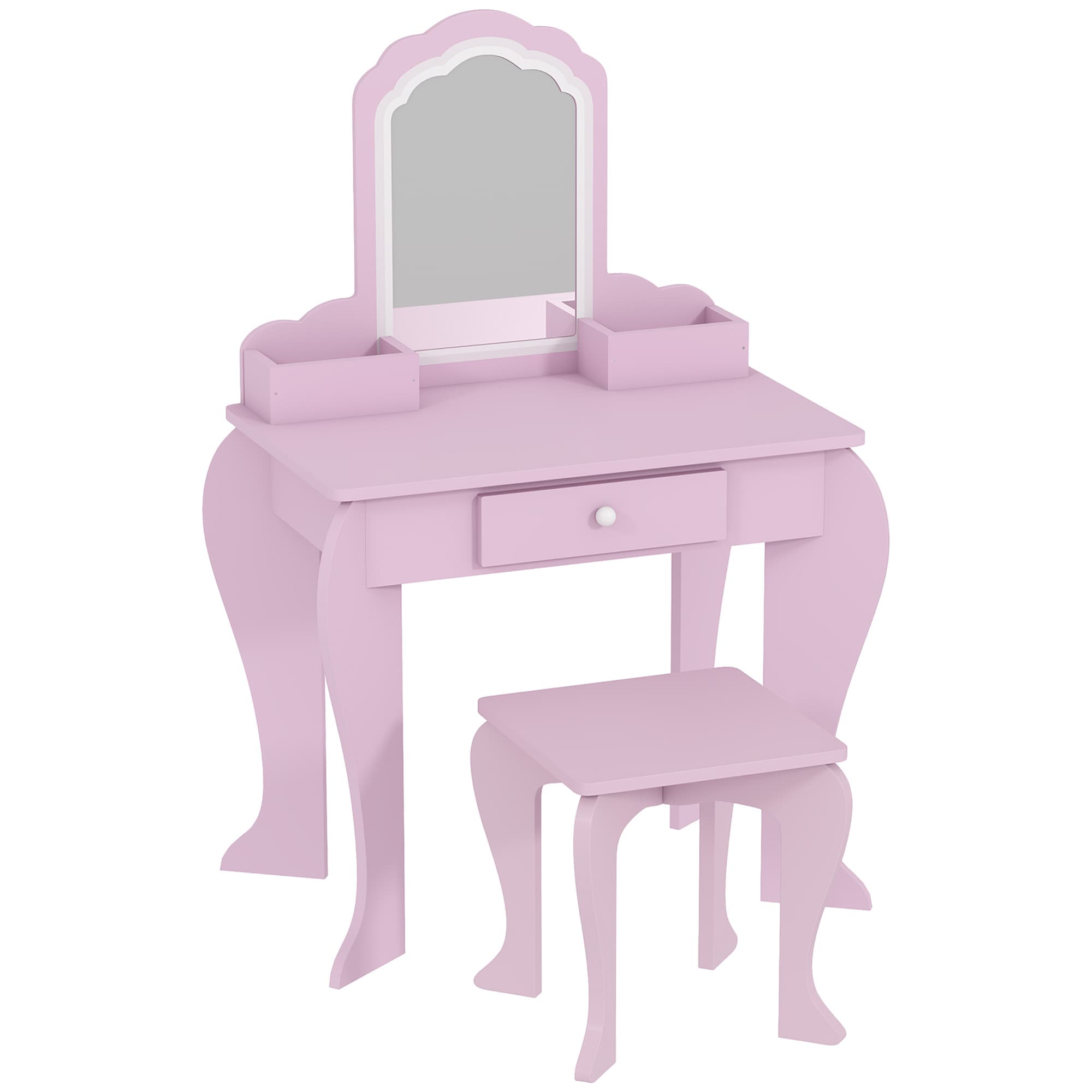 ZONEKIZ Coiffeuse pour enfant avec tabouret et miroir, table de maquillage avec tiroir et 2 compartiments, 55x36x86cm, rose