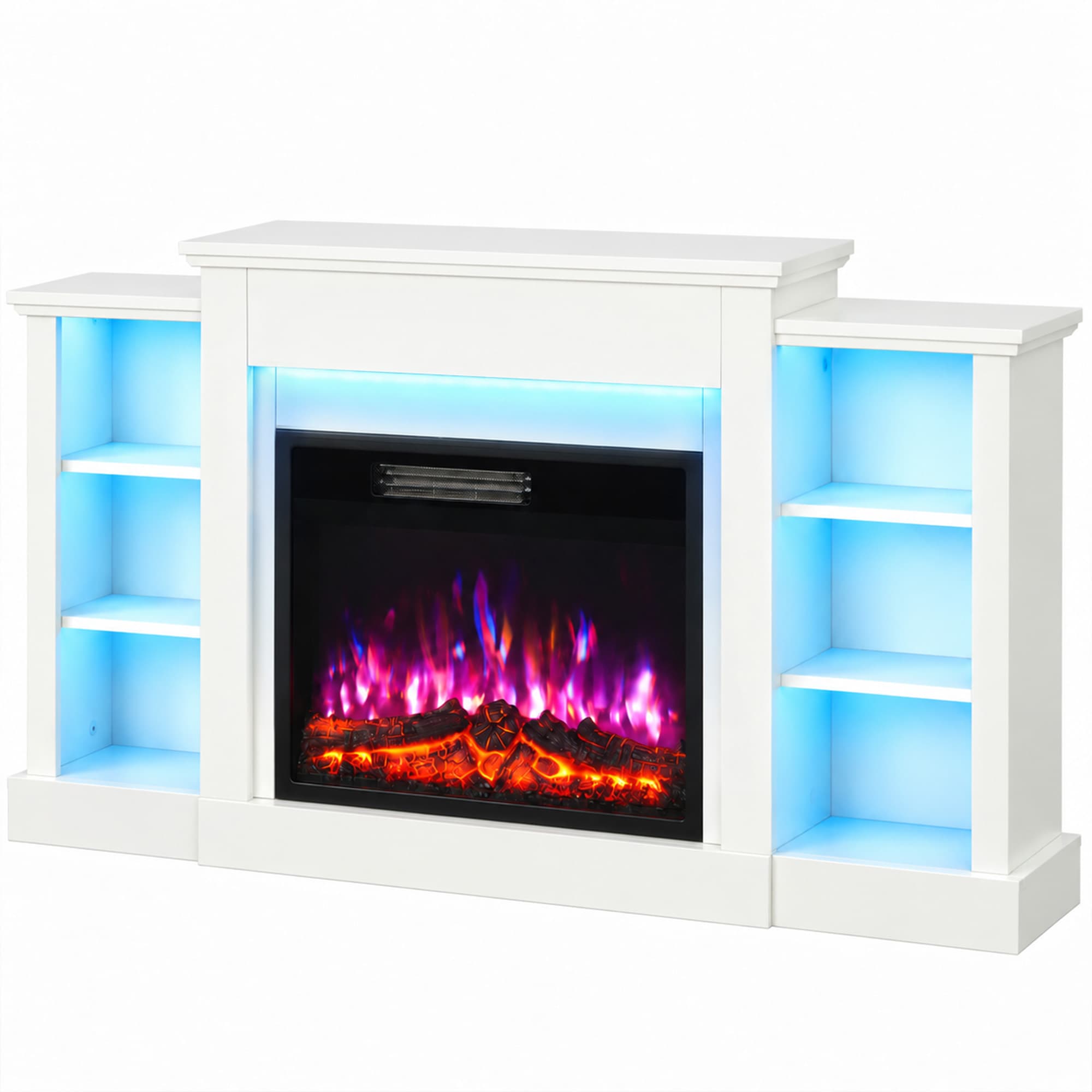 HOMCOM Cheminée Électrique Meuble TV Jusqu'à 65 Pouces avec 6 Étagères Effet Flamme 3D 12 Couleurs Ruban LED RGB Blanc