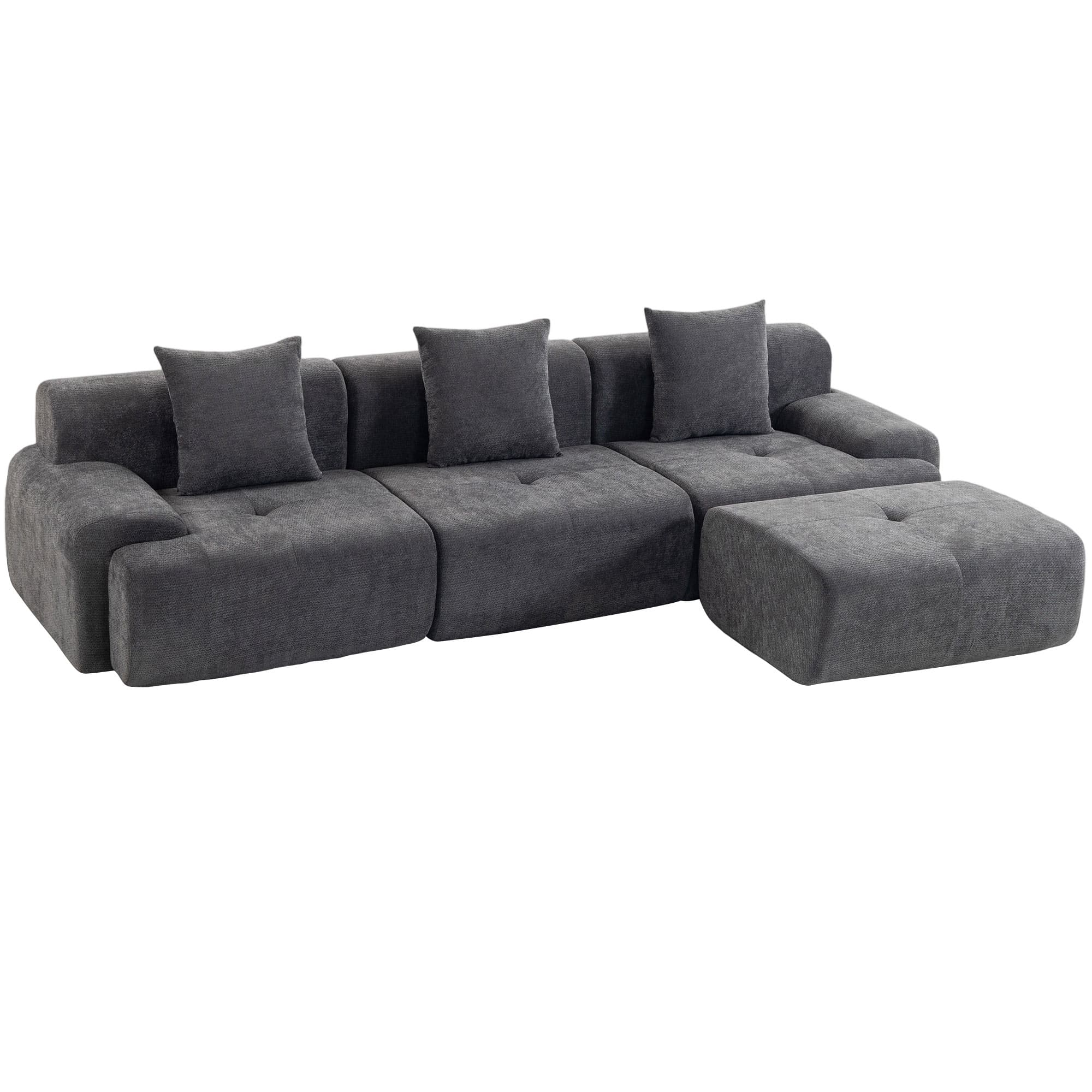 HOMCOM Canapé d'Angle Modulable 3 Places avec Pouf en Chenille, Canapé Compressé 300 cm avec Assise Profonde, 3 Coussins, Gris