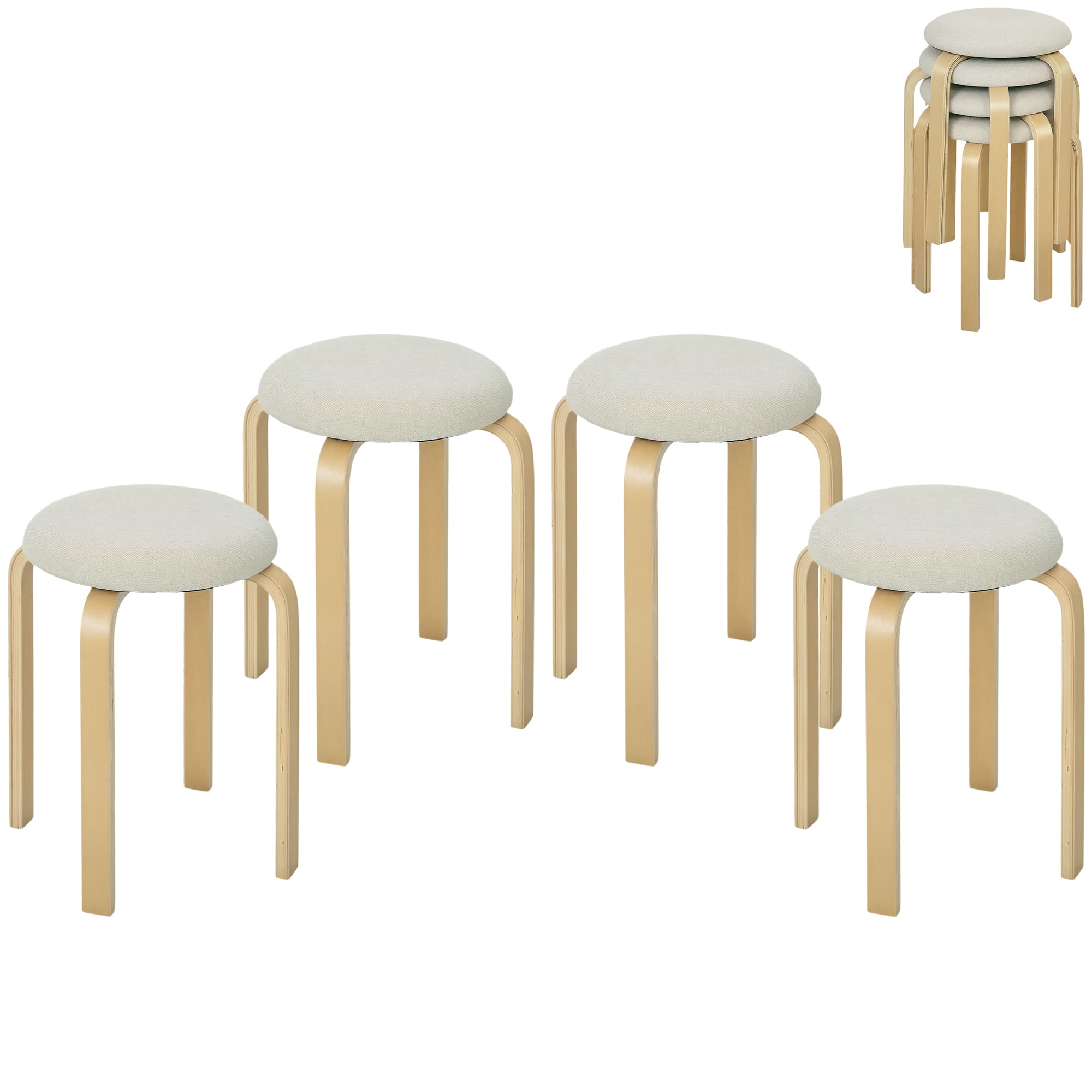 HOMCOM Ensemble de 4 tabourets empilables ronds sans dossier avec assise rembourrée, 40 x 40 x 45 cm, crème