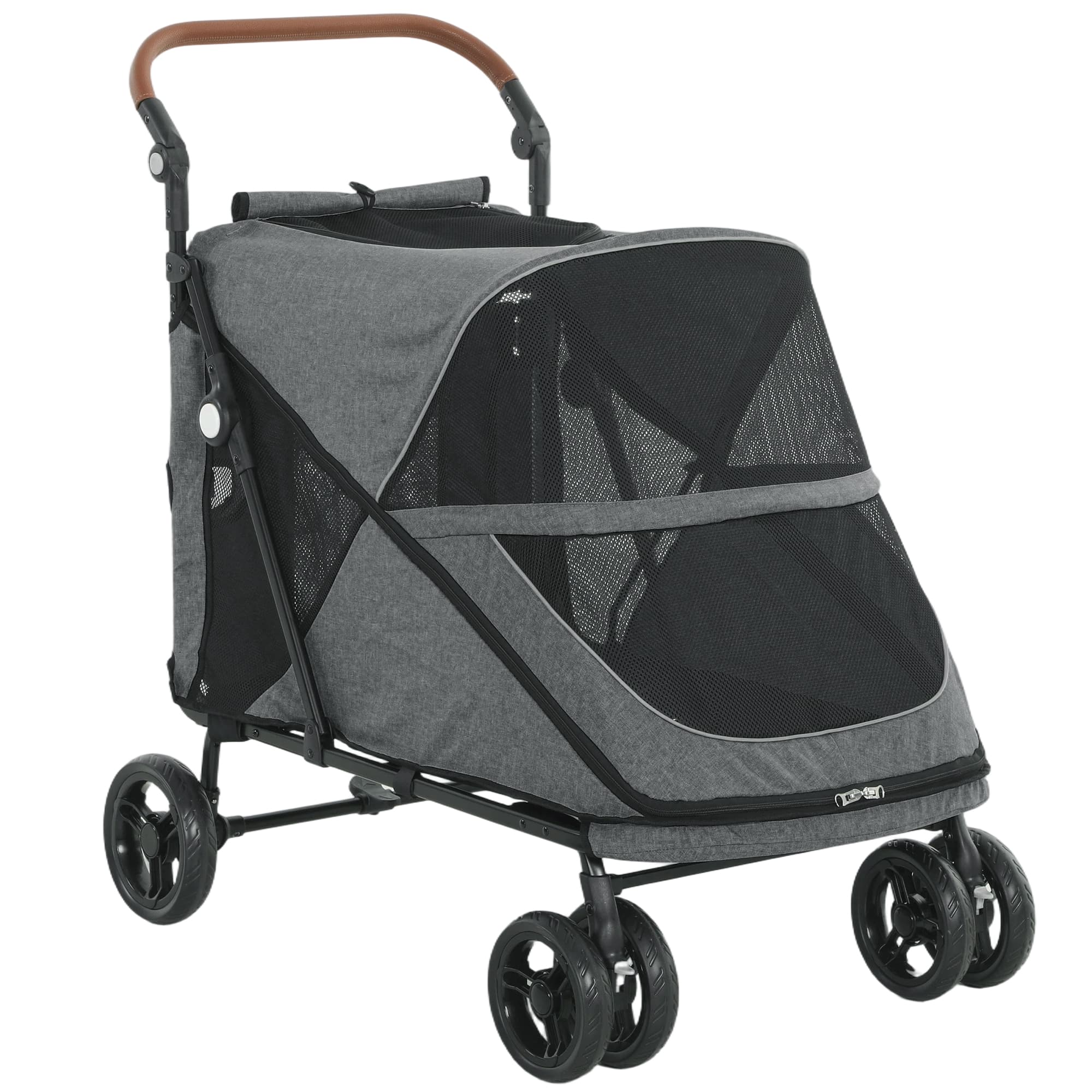 PawHut Poussette pour Chien Pliage 1 Main Suspension Ressort Tout Terrain Double Roues Avant 100x64,5x108cm Gris