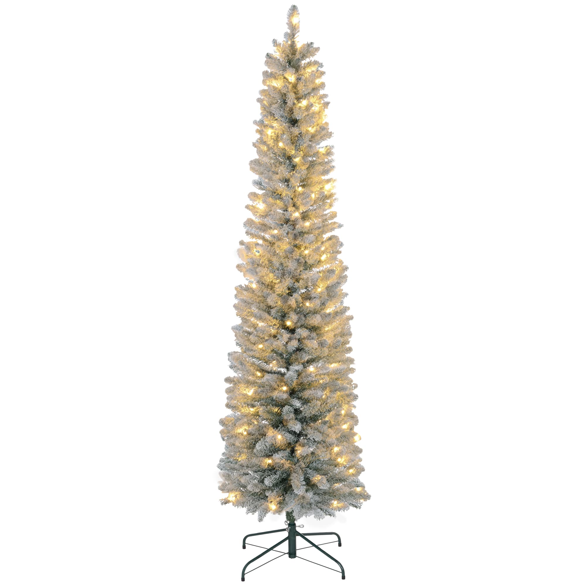 HOMCOM Sapin de Noël artificiel 210 cm avec éclairage LED blanc chaud, 405 branches enneigées, base en métal, réaliste et fin