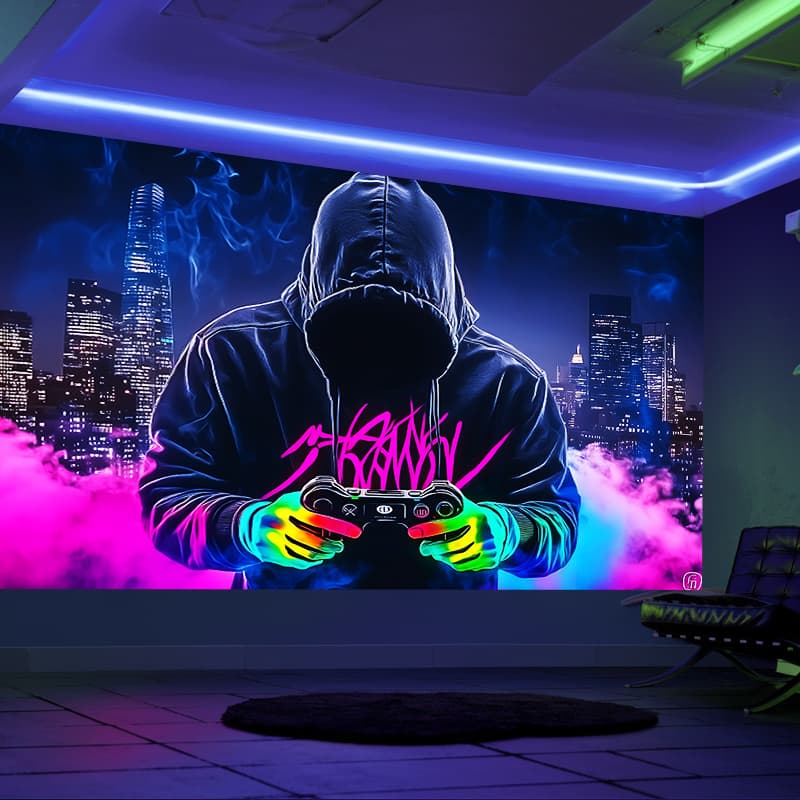 1pc Mysterious Man Game Controller Fluorescent Tapestry UV Reactive Wall Hanging No Power Needed Decor For Bedroom Game Room Bar