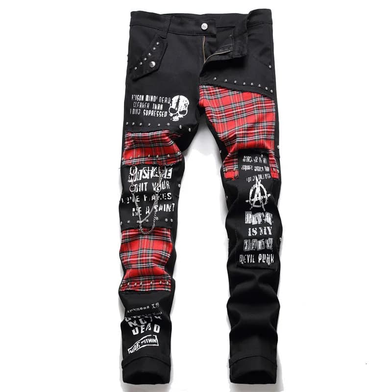 Mens Jeans Scotland Red Plaid Tartan Patchwork Punk Rivet Patch Black Denim Pants Skull Letters Printed Slim Straight