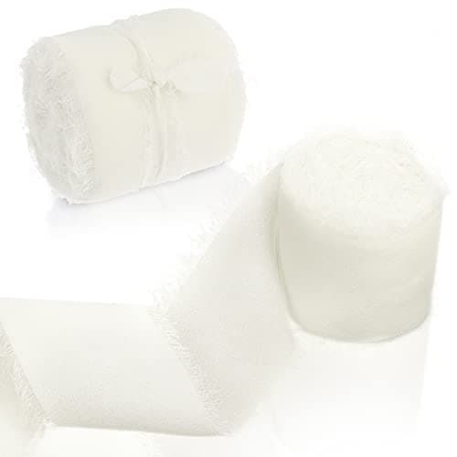 cobee Lot de 2 rouleaux de rubans en mousseline de soie faits à la main avec franges effilochées Ruban bohème pour emballage cadeau, invitations de mariage, arrangement floral -Blanc -3,8 cm x 4,9 m
