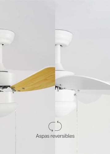 CREATE / WINDEASY/Ventilateur de plafond avec lumière, blanc lames bois naturel / 53W, silencieux, Ø86, 3 vitesses, lames réversibles, minuterie, été-hiver, double hauteur, moteur AC