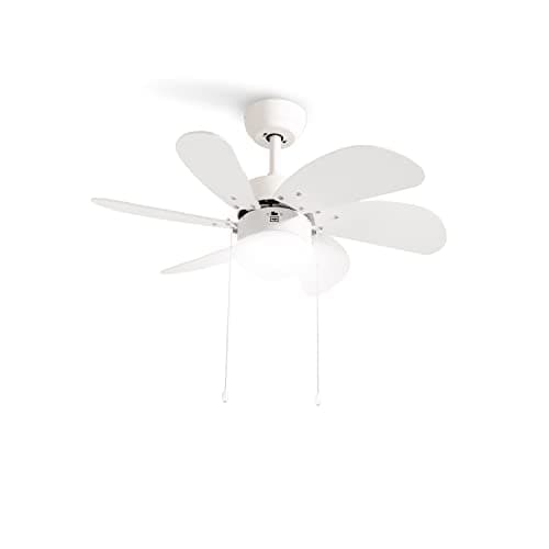 CREATE / WINDEASY/Ventilateur de plafond avec lumière, blanc lames bois naturel / 53W, silencieux, Ø86, 3 vitesses, lames réversibles, minuterie, été-hiver, double hauteur, moteur AC
