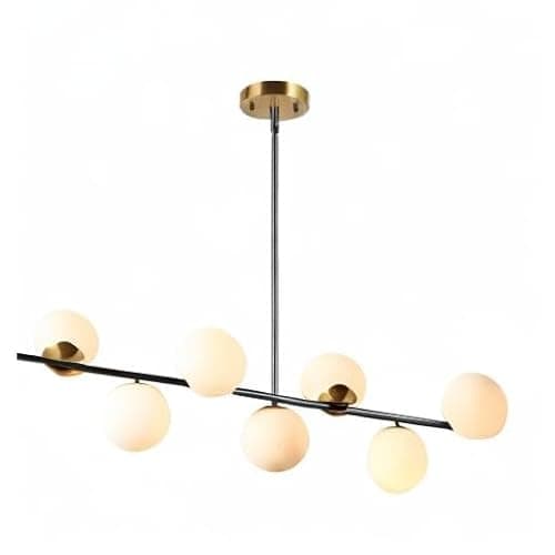 KCO Éclairage noir et laiton - Lustre moderne Spoutnik - 7 lumières - Globe en verre de lait - Pour cuisine, salle à manger, salon, chambre à coucher